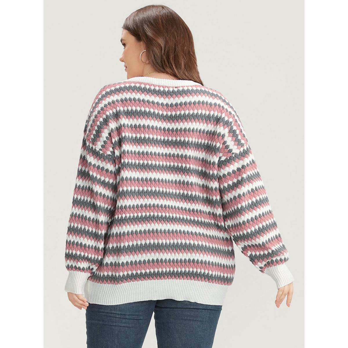 Plus Size Striped Contrast Pointelle Knit Round Neck Loose Knit Top Multicolor Women Casual Loose Long Sleeve Round Neck Dailywear Pullovers BloomChic 14-16/1X Product Image