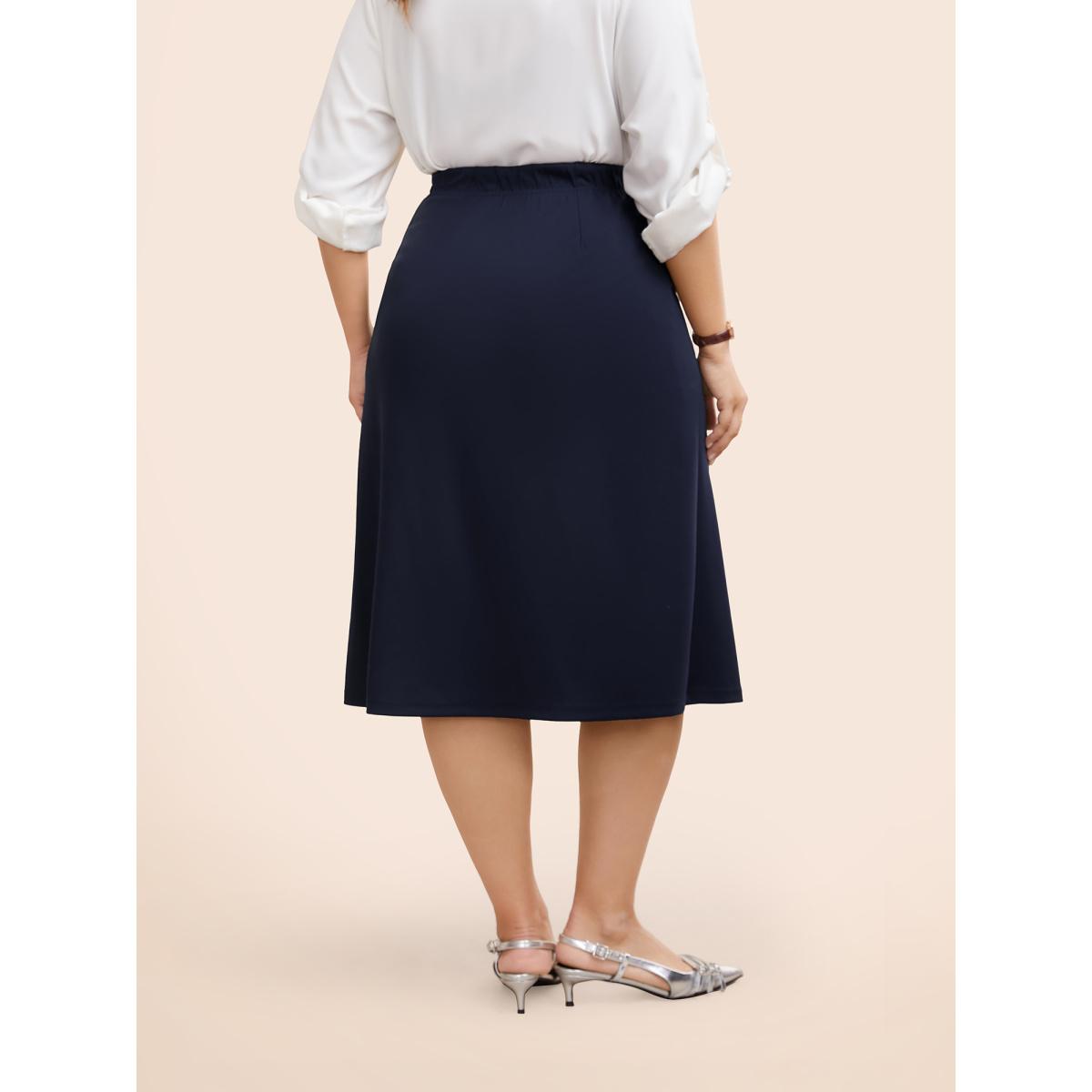 Plus Size Button Detail Split Hem Medium Stretch Skirt Women Indigo At the Office Button Medium stretch Side seam pocket Office Skirts BloomChic 10/M Product Image