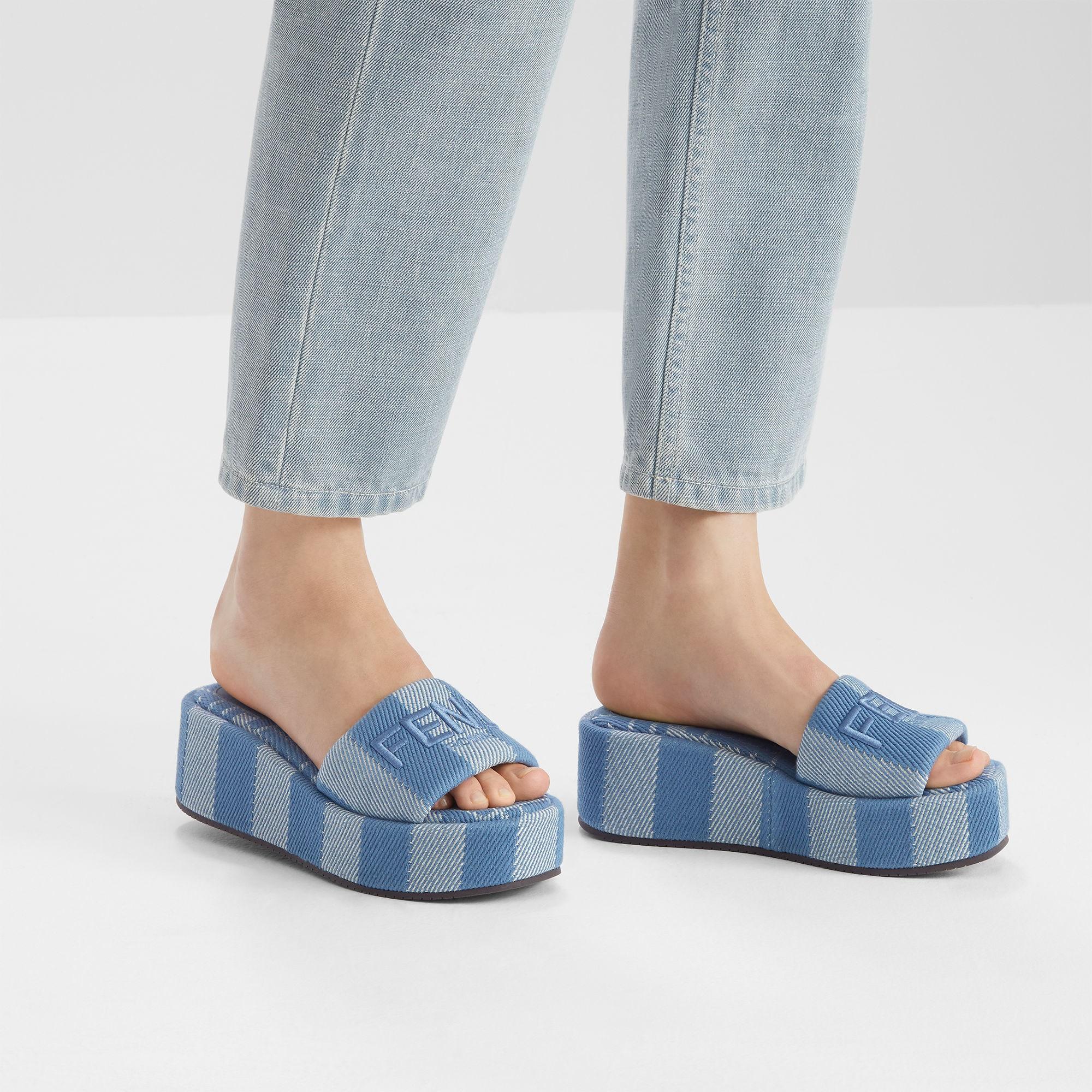 Fendi SunshineLight blue denim-effect jacquard flatform slides Product Image