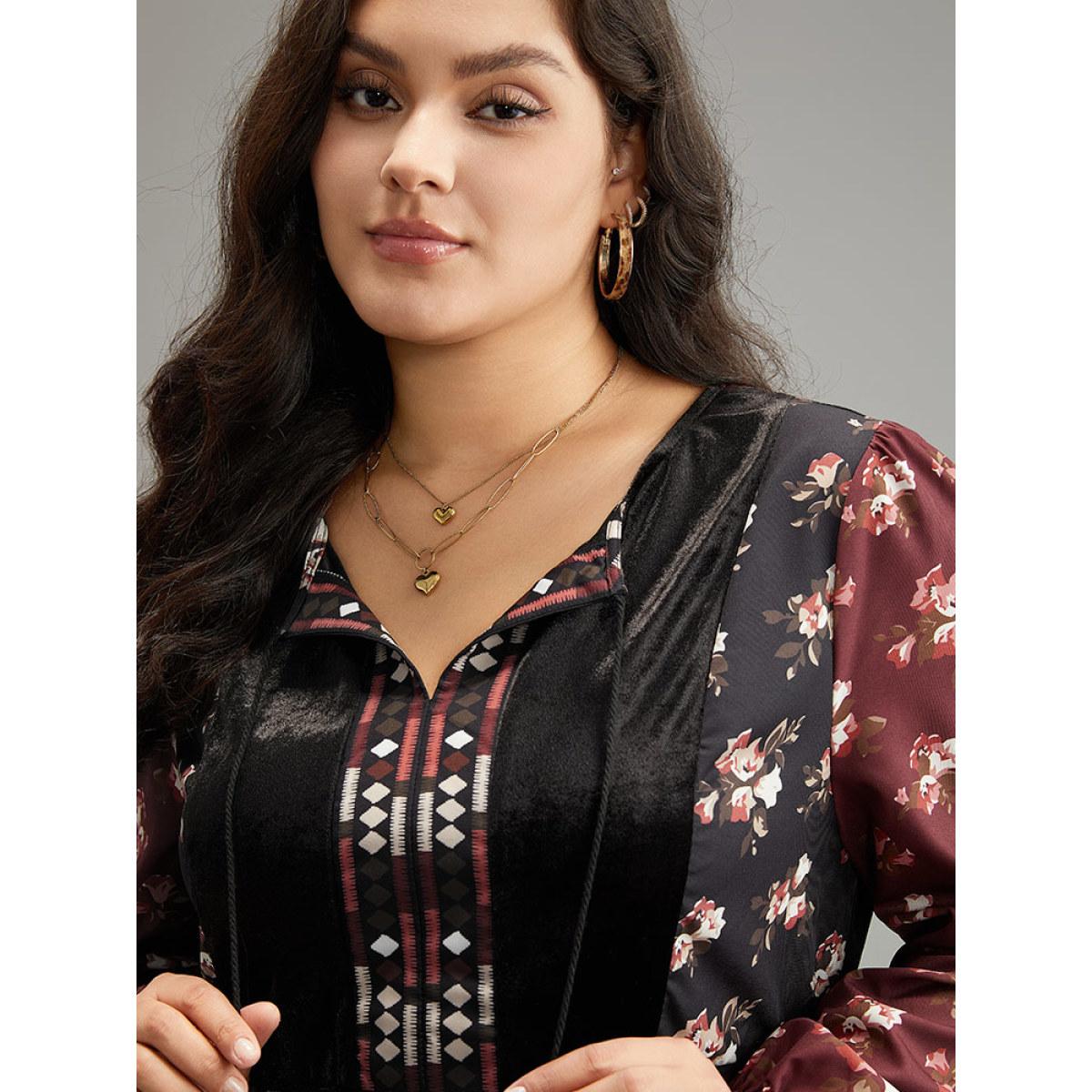 Plus Size Scarlet Velvet Floral Contrast Knot Neck Tassel Blouse Women Vacation Long Sleeve Tie Neck Dailywear Blouses BloomChic 14-16/1X Product Image