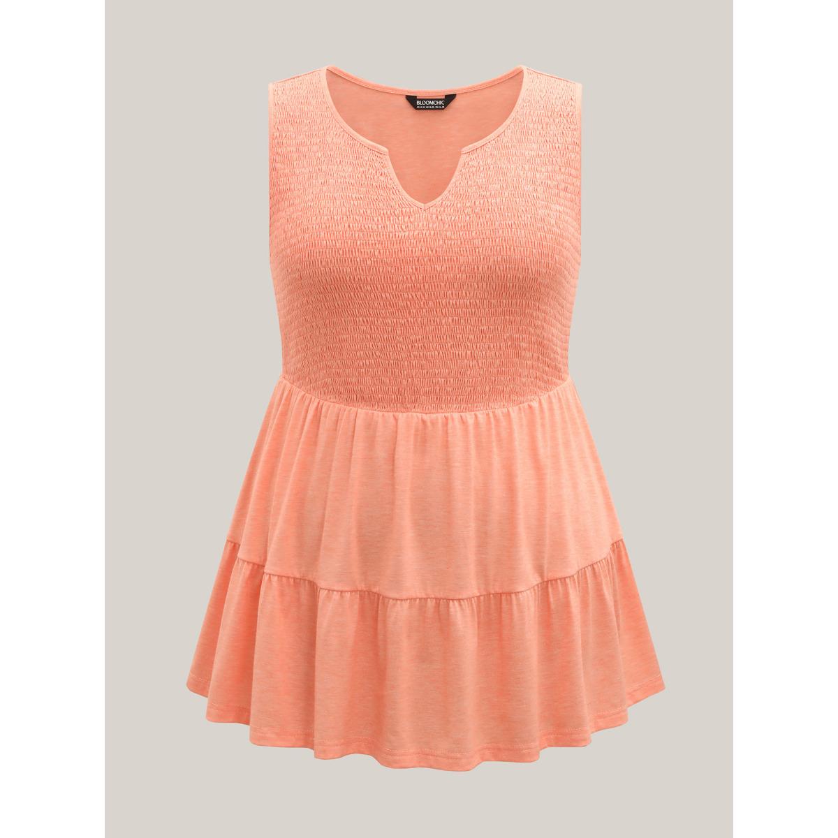 Plus Size Shirred Bodice Spliced Tiered Sleeveless Top Women Coral Elegant Gathered Notched collar Everyday Tank Tops Camis BloomChic 30/6X Product Image