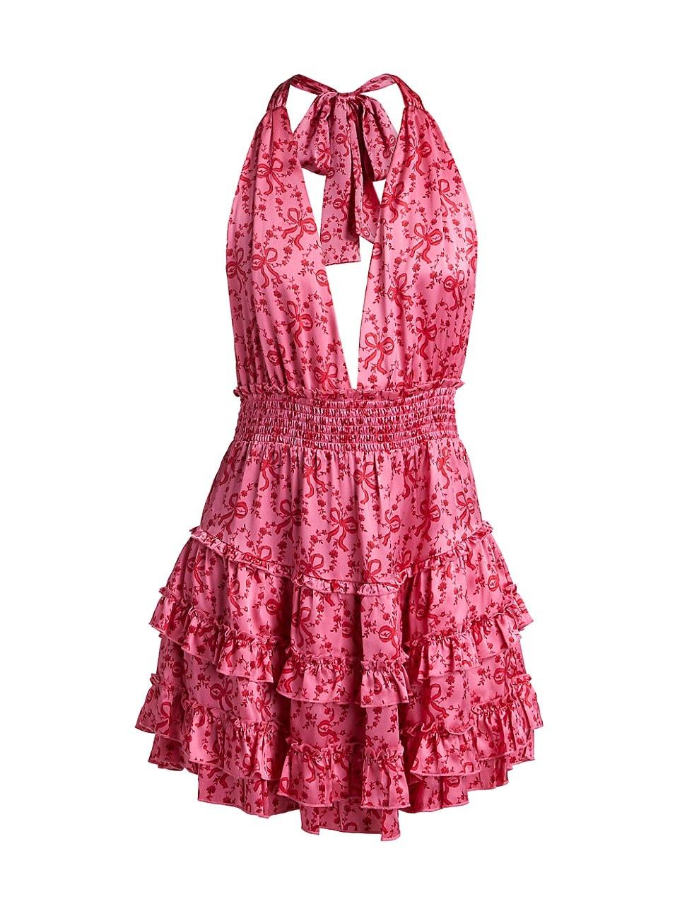 Womens Quintelle Floral-Bow Print Ruffle Halter Minidress Product Image