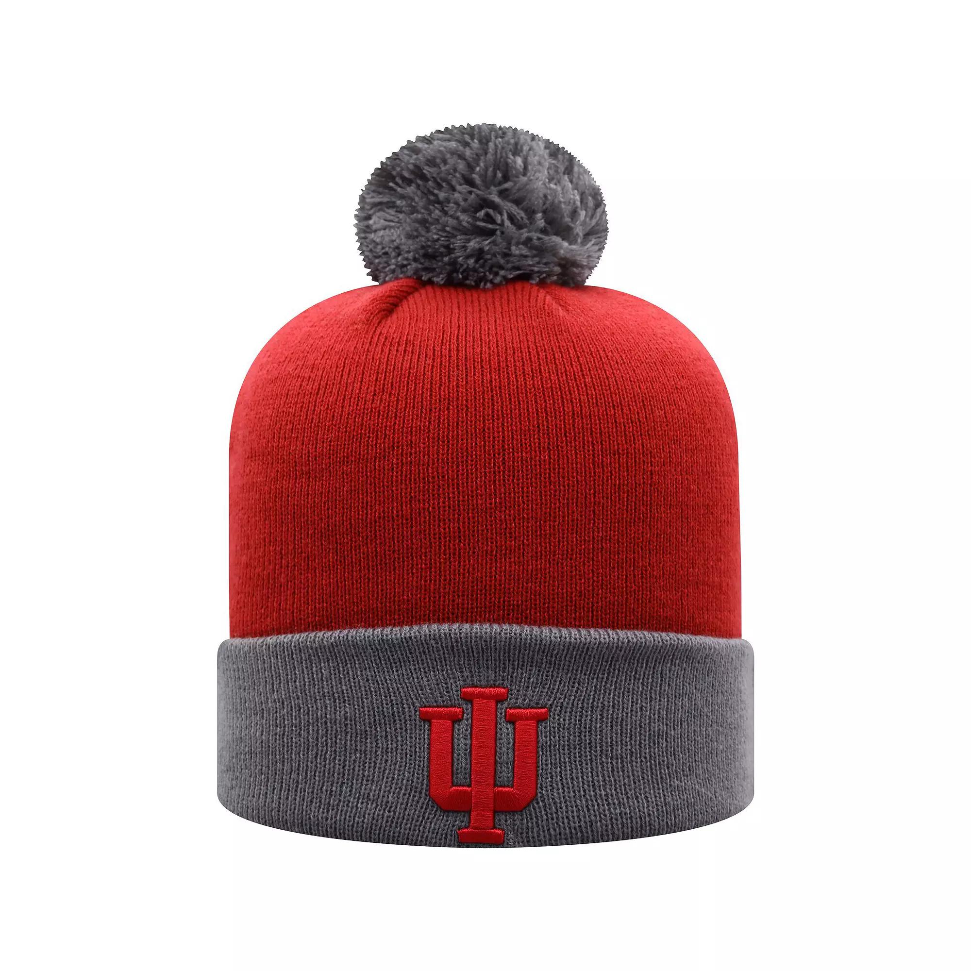 Men's Top of the World Crimson/Gray Indiana Hoosiers Core 2-Tone Cuffed Knit Hat with Pom, Red Product Image