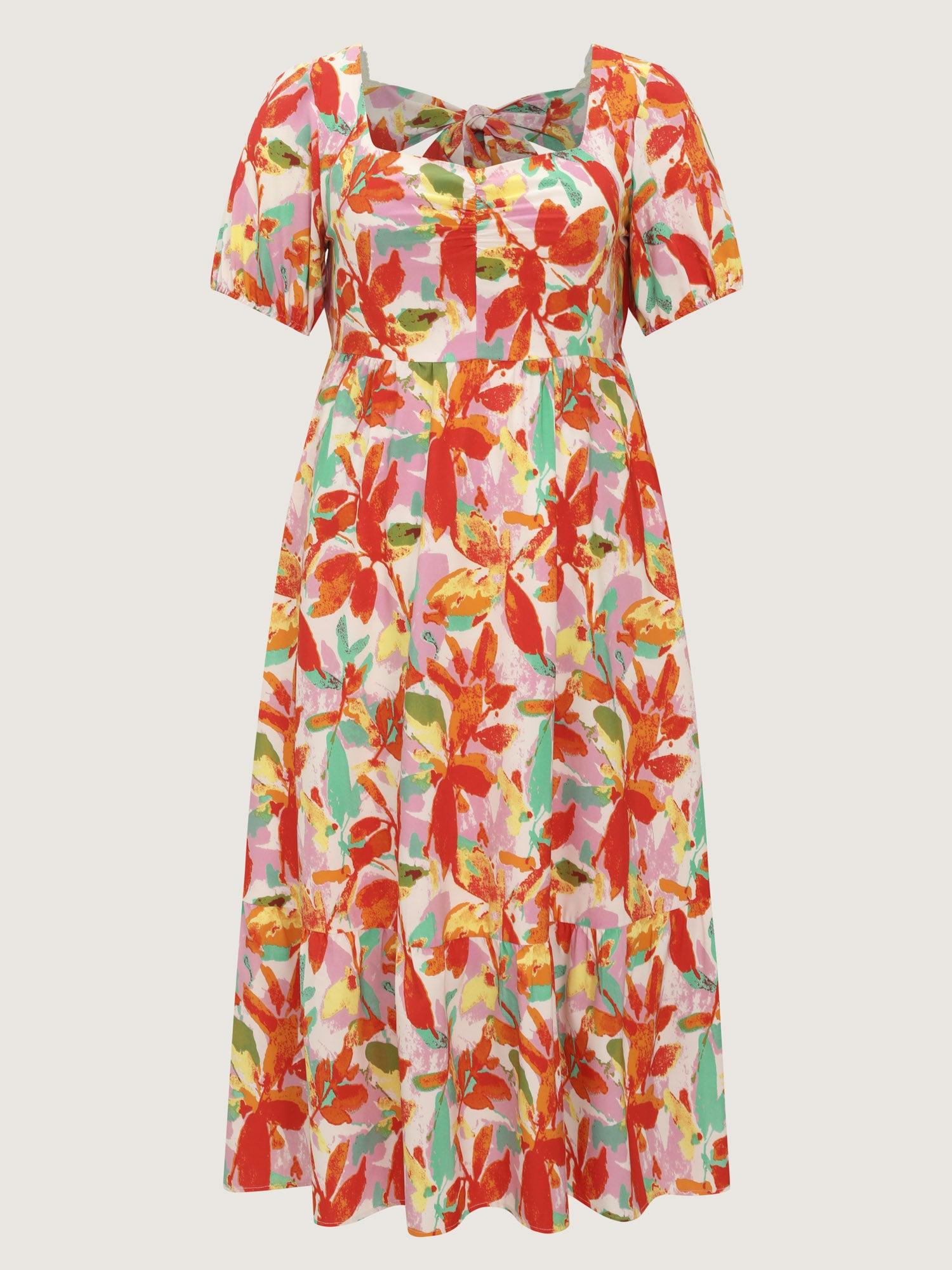 Bright Floral Print Ruched Bodice Midi Dress Female Product Image