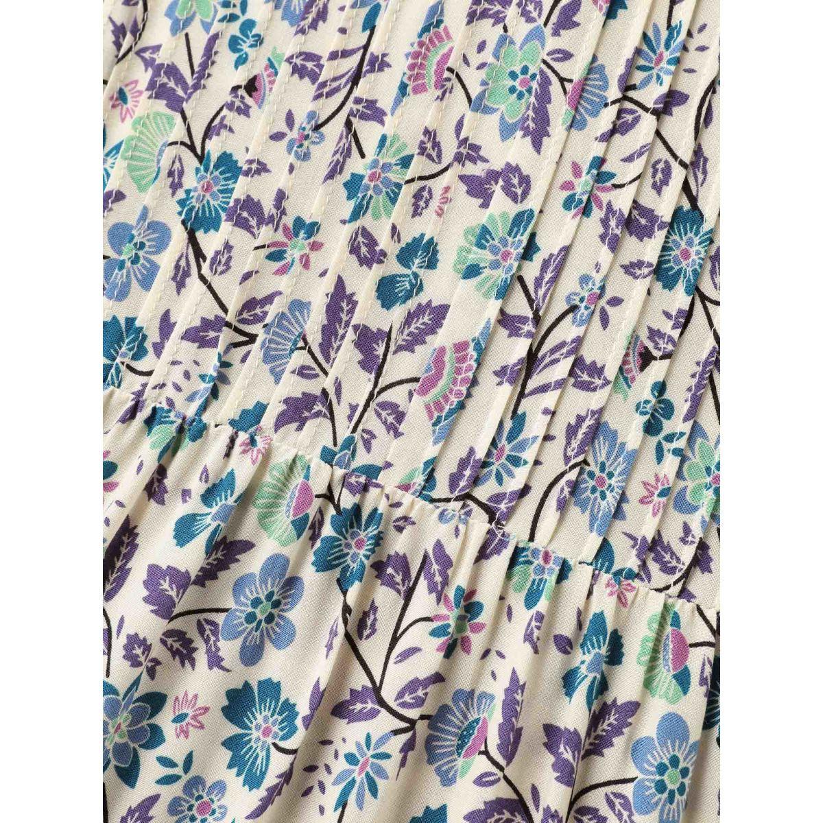 Plus Size Aegean Rayon Pleated Floral Print Blouse Women Boho Half Sleeve Round Neck Vacation Blouses BloomChic 12/L Product Image