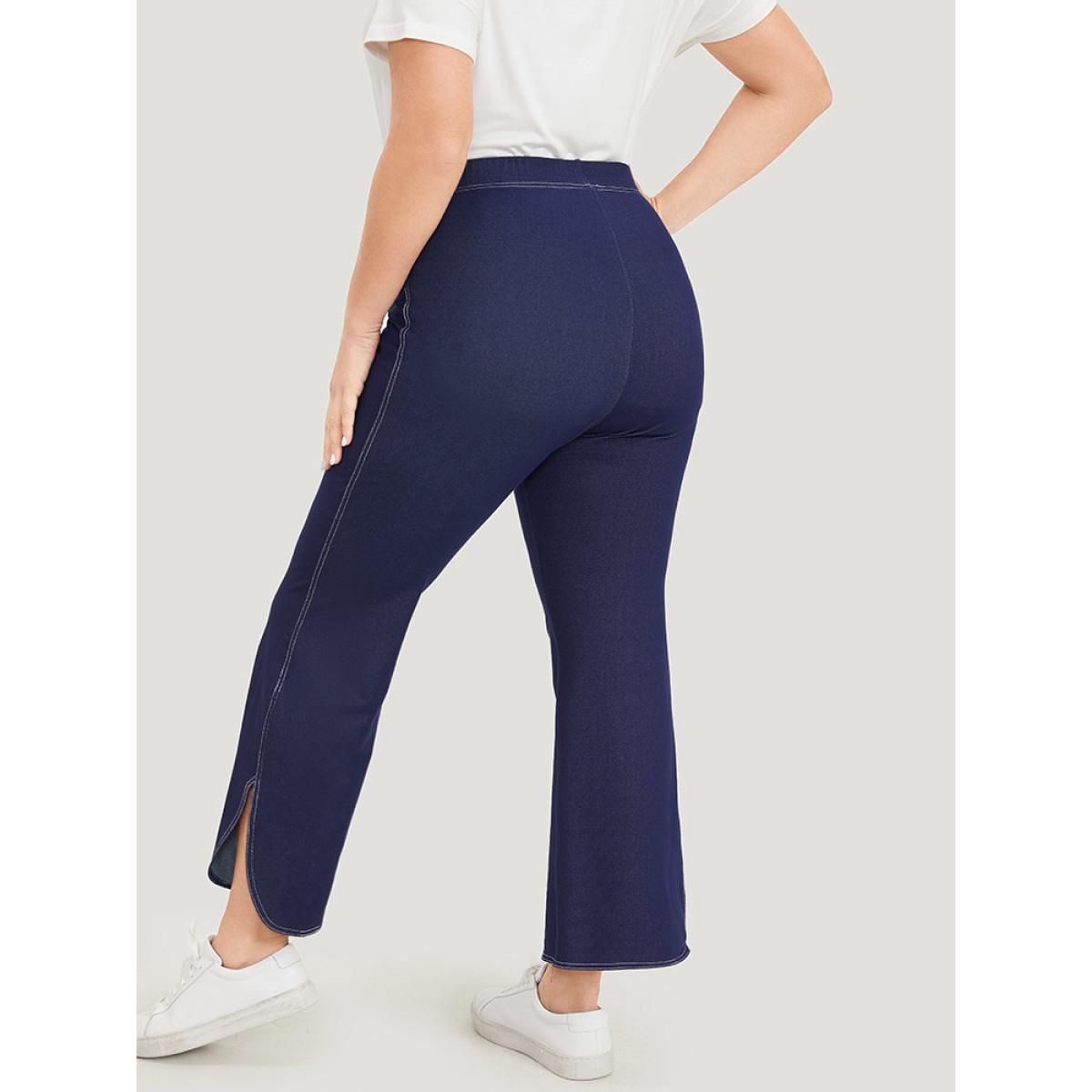 Plus Size Supersoft Essentials Contrast Stitch Curved Hem Very Stretchy Jeans Women DarkBlue Casual Plain Elastic Waist Medium stretch Jeans BloomChic 30/6X Product Image