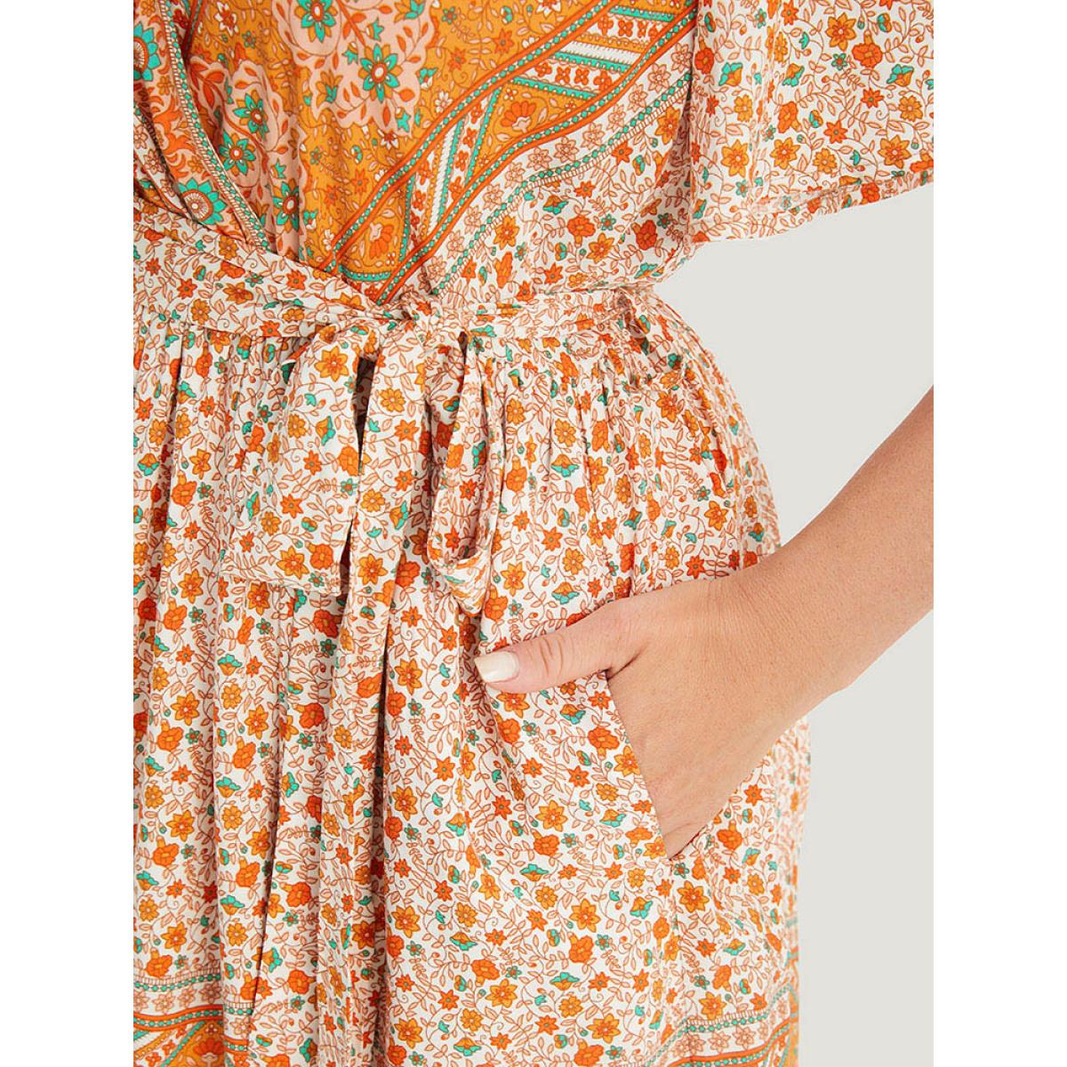 Plus Size Bandana Print Belted Pocket Flutter Surplice Neck Knee Dress Orange Women Vacation Pocket V-neck Short sleeve Curvy Knee Dress BloomChic 14-16/1X Product Image