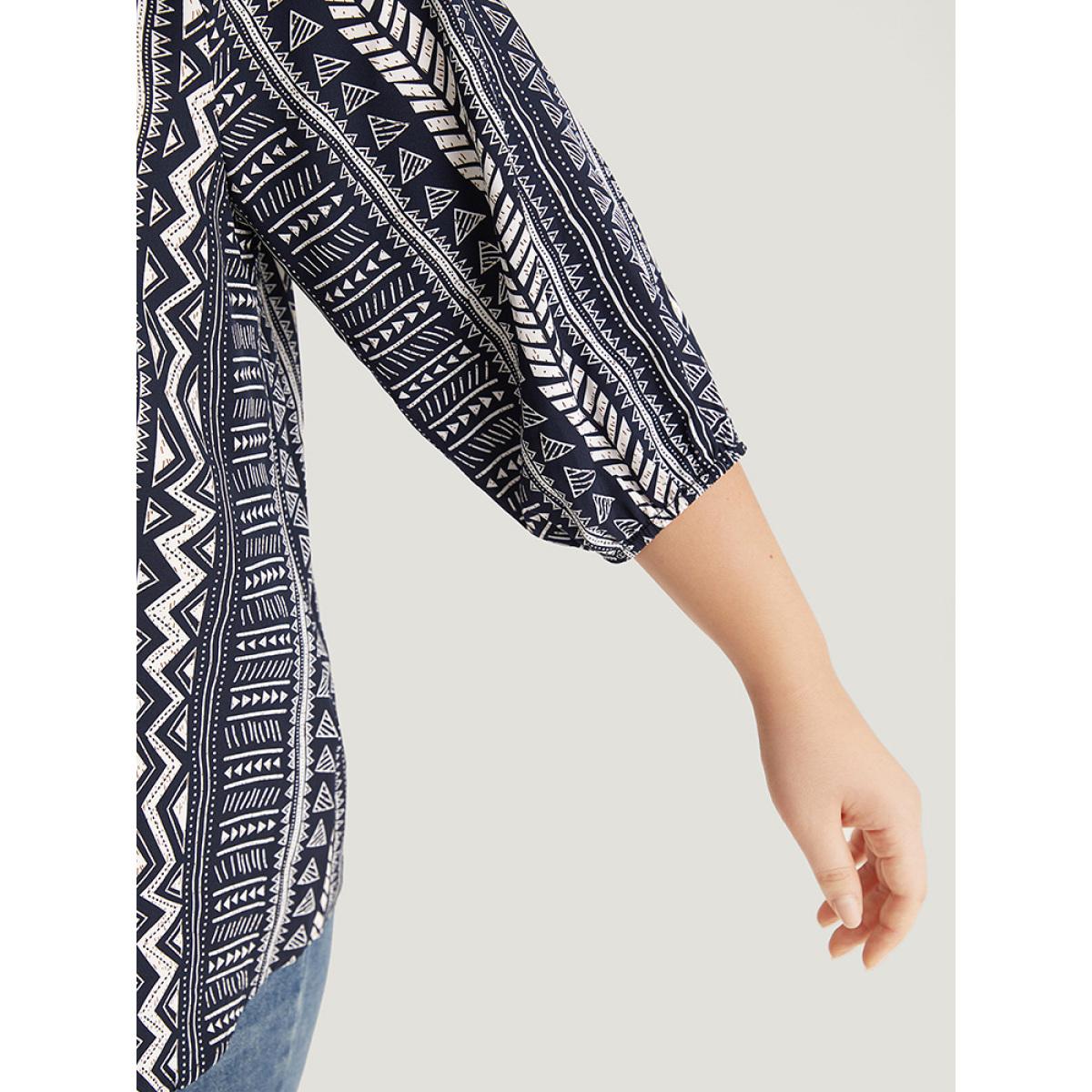 Plus Size Indigo Boho Print Frill Trim Raglan Sleeve Elastic Cuffs Blouse Women Resort Half Sleeve V-neck Vacation Blouses BloomChic 10/M Product Image