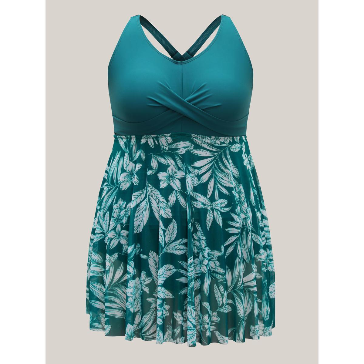 Plus Size Twist Front Mesh Tropical Print Swim Dress Women's Swimwear Cyan Beach Bodycon V-neck High stretch Curve Swim Dresses BloomChic 10/M Product Image