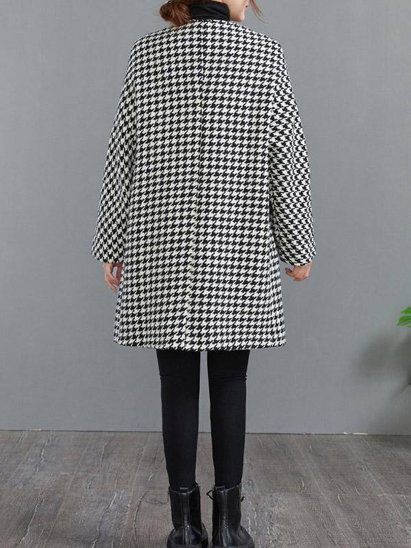 Loose Houndstooth Buttoned Round-Neck Long Sleeves Woolen Coat Product Image