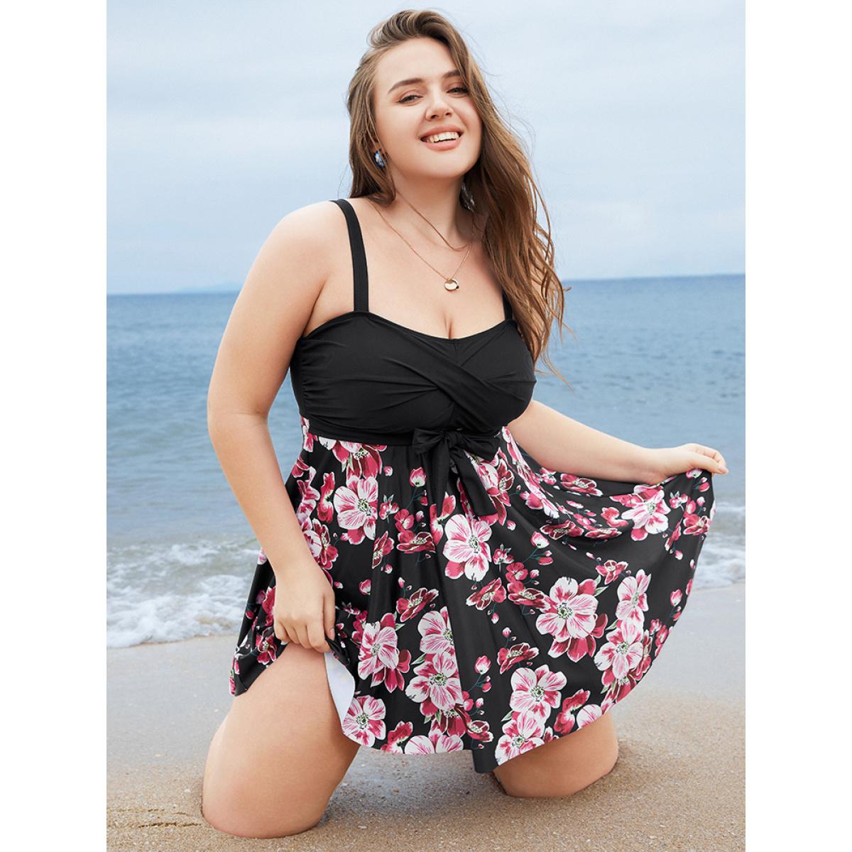 Plus Size Floral Print Knotted Twist Front A Line Swim Dress Women's Swimwear Black Vacation Bodycon High stretch Curve Swim Dresses BloomChic 18-20/2X Product Image