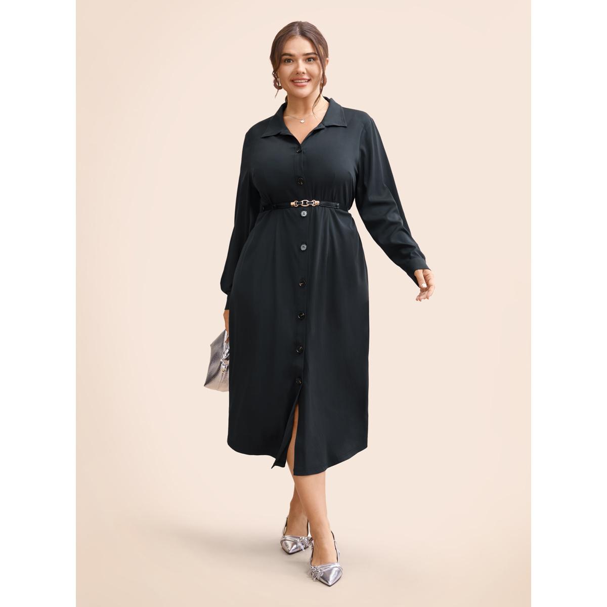Plus Size Stretch Woven Structured Midi Dress Midnight Women At the Office Button Shirt collar Long Sleeve Curvy BloomChic 22-24/3X Product Image