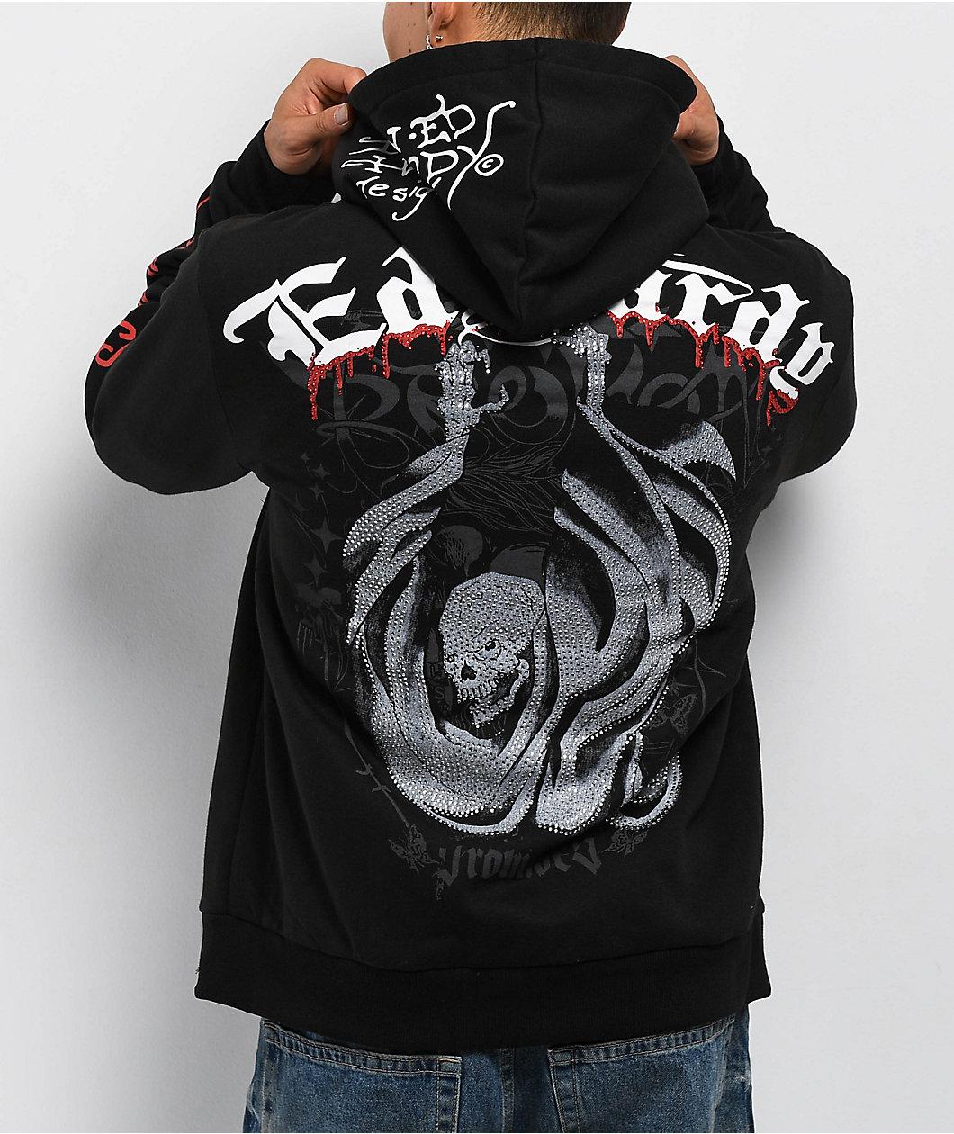 Ed Hardy x Broken Promises Deaths Shadow Rhinestone Black Zip Hoodie Product Image