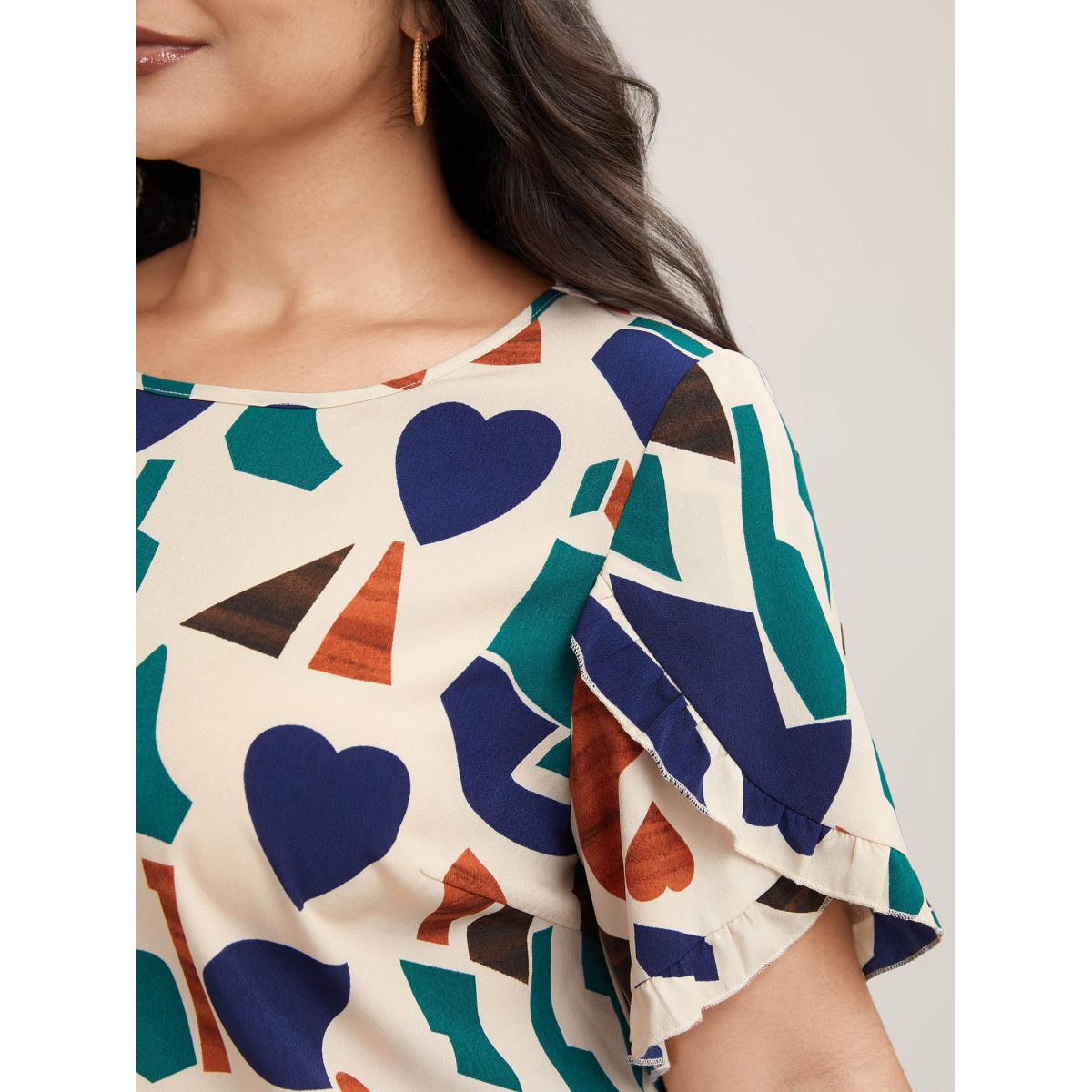 Plus Size Apricot Abstract Print Round Neck Half Sleeve Shirt Women Resort Short sleeve Round Neck Vacation Blouses BloomChic 28/5X Product Image