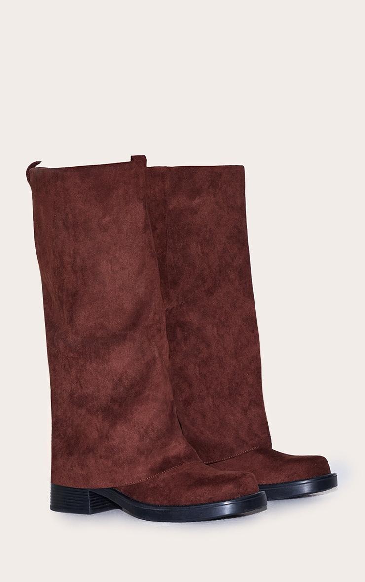 Chocolate Faux Suede Block Heeled Fold Over Knee High Boots Product Image