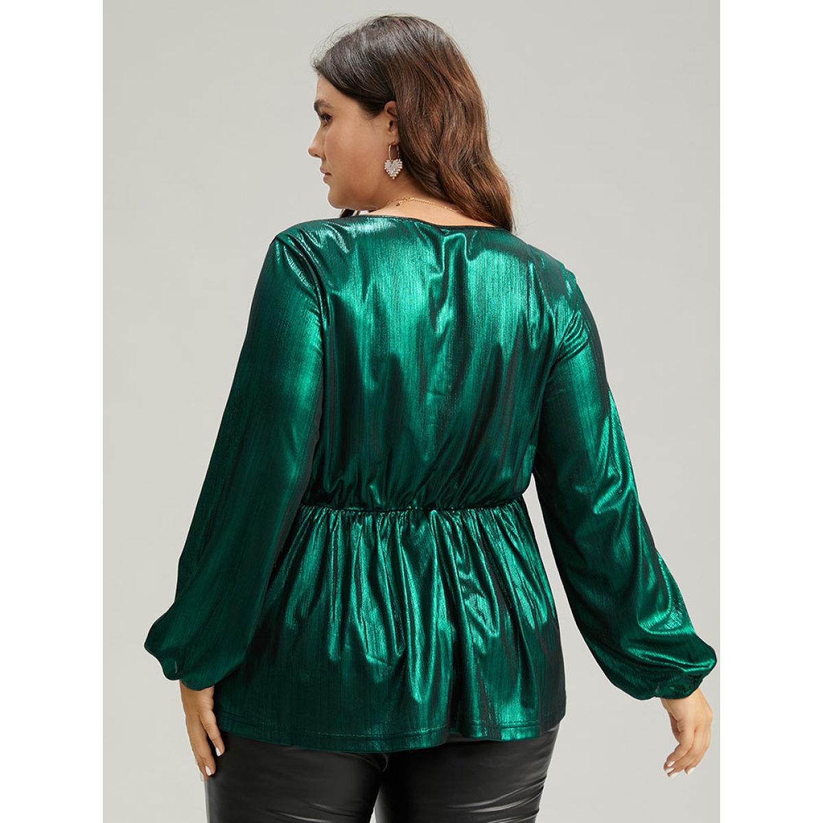 Plus Size Emerald Solid Wrap Twist Front Gathered Blouse Women Glamour Long Sleeve Overlap Collar Festival-Christmas Blouses BloomChic 26/4X Product Image
