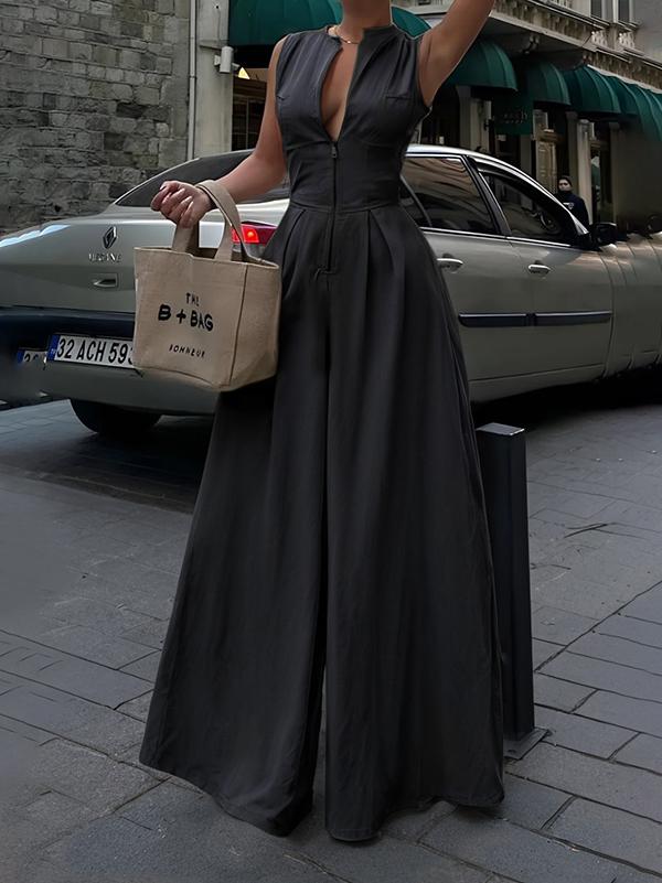 High Waisted Loose Pockets Solid Color Zipper V-Neck Jumpsuits Product Image