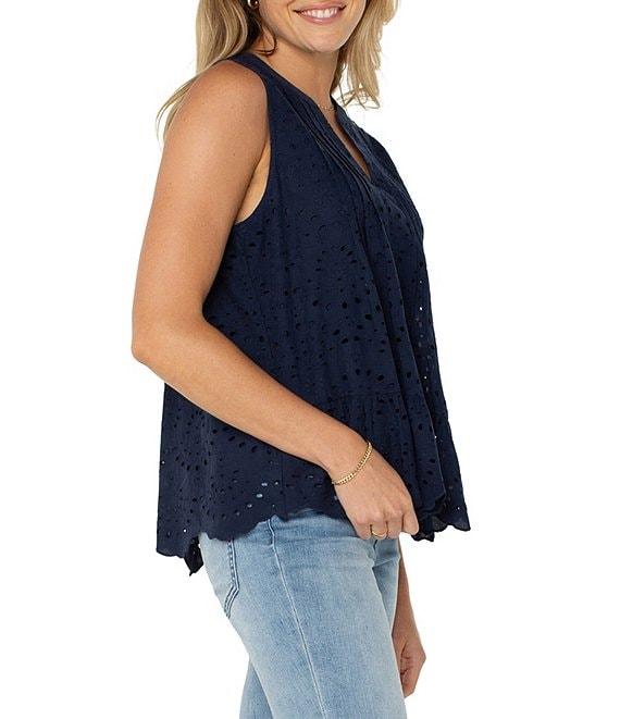 Liverpool Los Angeles Petite Size Allover Eyelet Embroidered Split Round V-Neck Sleeveless Top Product Image