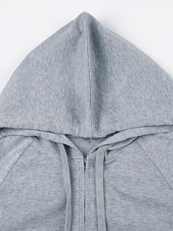 Solid Ribbed Zip Up Drawstring Hooded Long Sleeve Knit Product Image