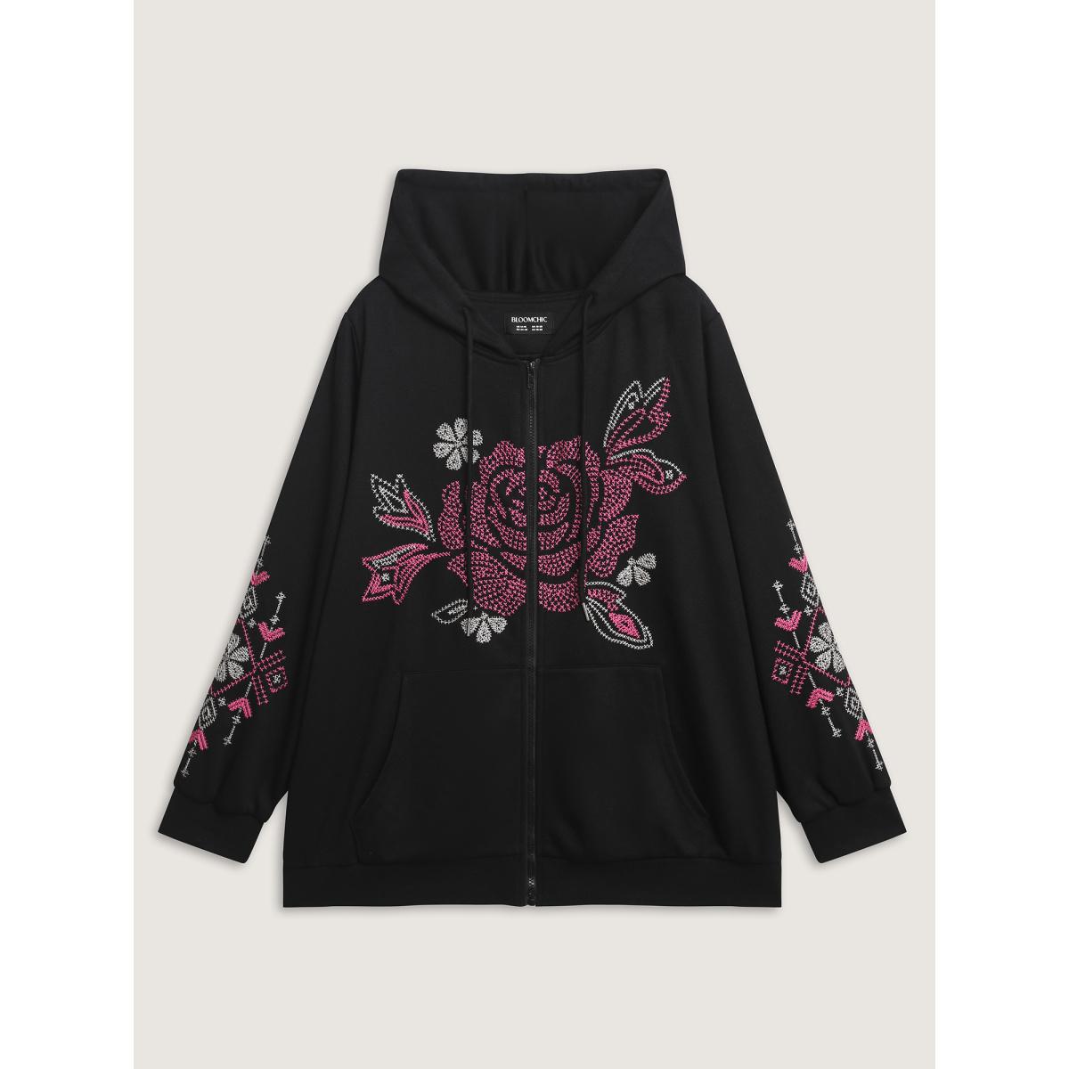 Plus Size Nostalgic Rose Embroidery Drawstring Hoodie Women Black Embroidered Patch pocket Casual Jackets BloomChic 28/5X Product Image