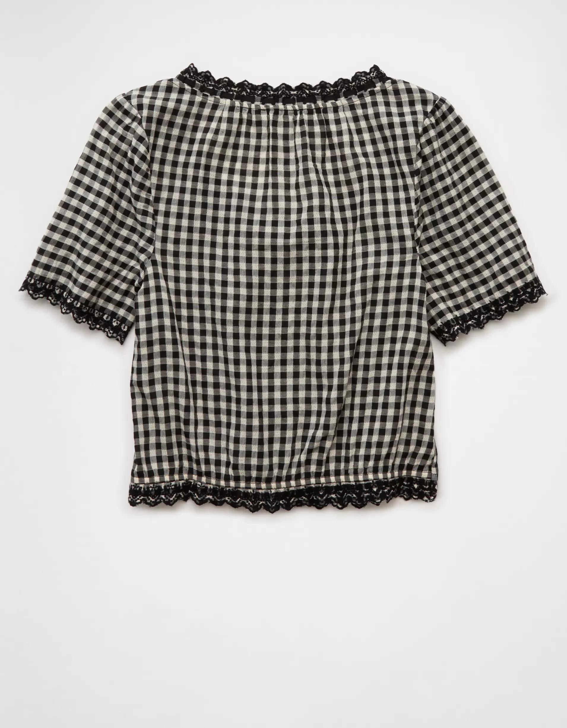 AE Short-Sleeve Gingham Button-Up Blouse Product Image