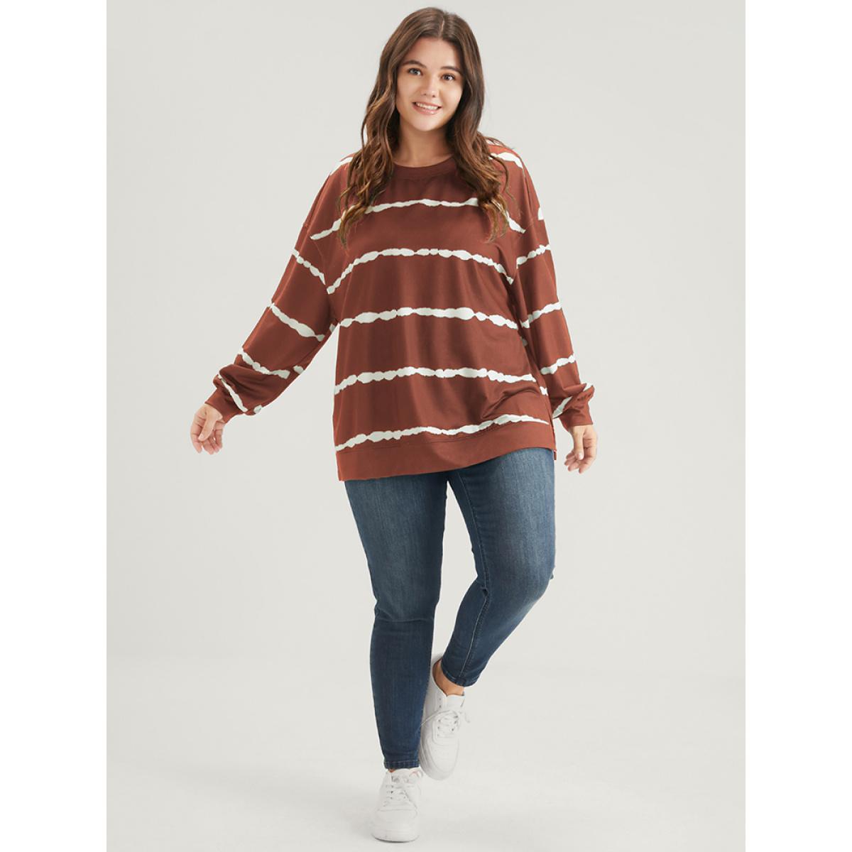 Plus Size Tie Dye Striped Side Split Drop Shoulder Sweatshirt Women Chocolate Casual Tie Dye Loose Round Neck Dailywear Sweatshirts BloomChic 28/5X Product Image