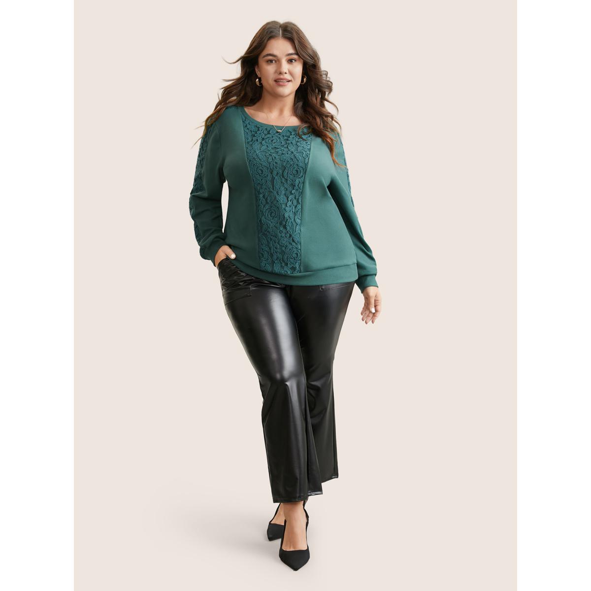 Plus Size Solid Lace Patchwork Crew Neck Sweatshirt Women Cyan Elegant Plain Round Neck Dailywear Sweatshirts BloomChic 22-24/3X Product Image