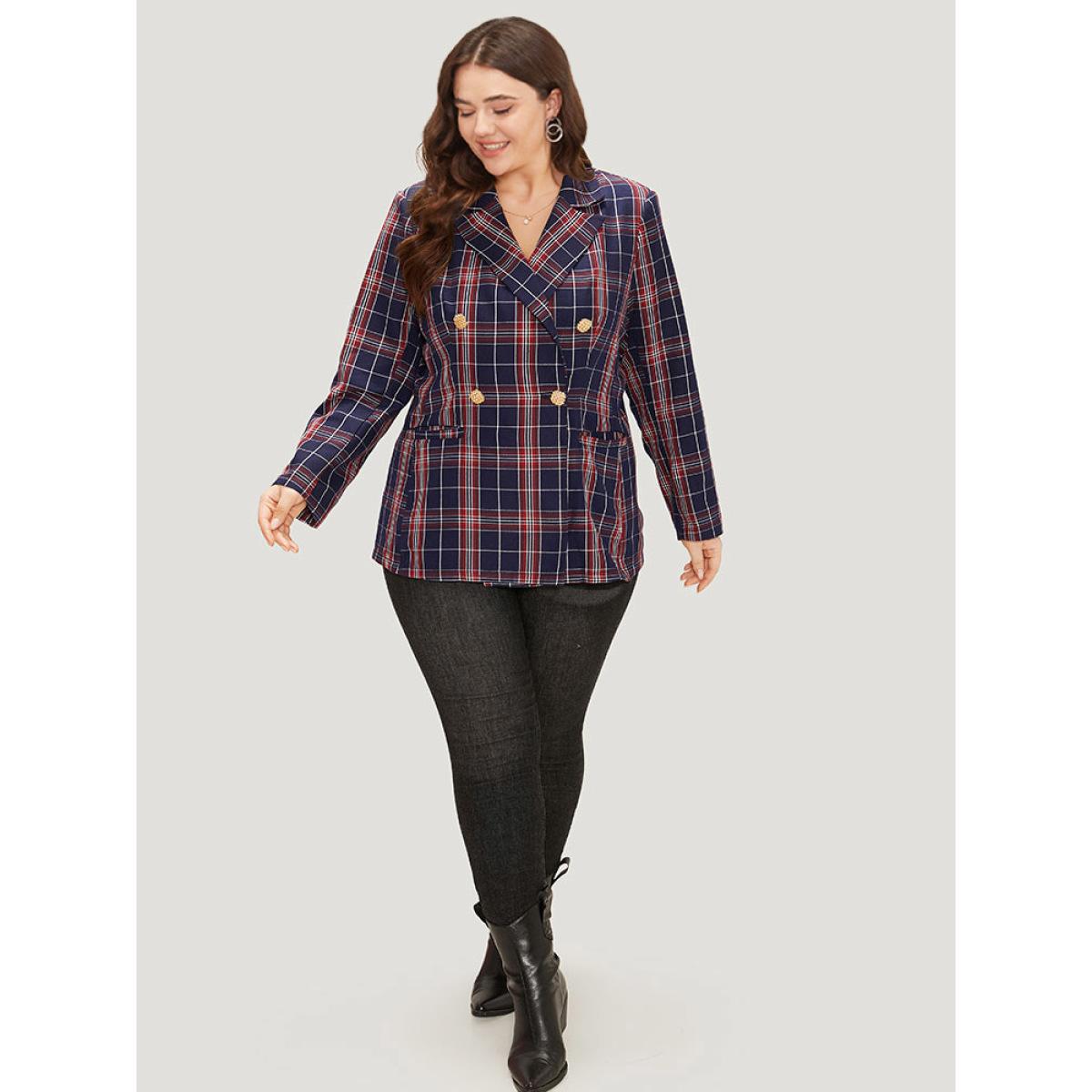 Plus Size Plaid Suit Collar Button Up Pocket Blazer Indigo Women Dailywear Plaid Contrast Sleeve Long Sleeve Suit Collar 14-16/1X Pocket Casual Blazers BloomChic Product Image