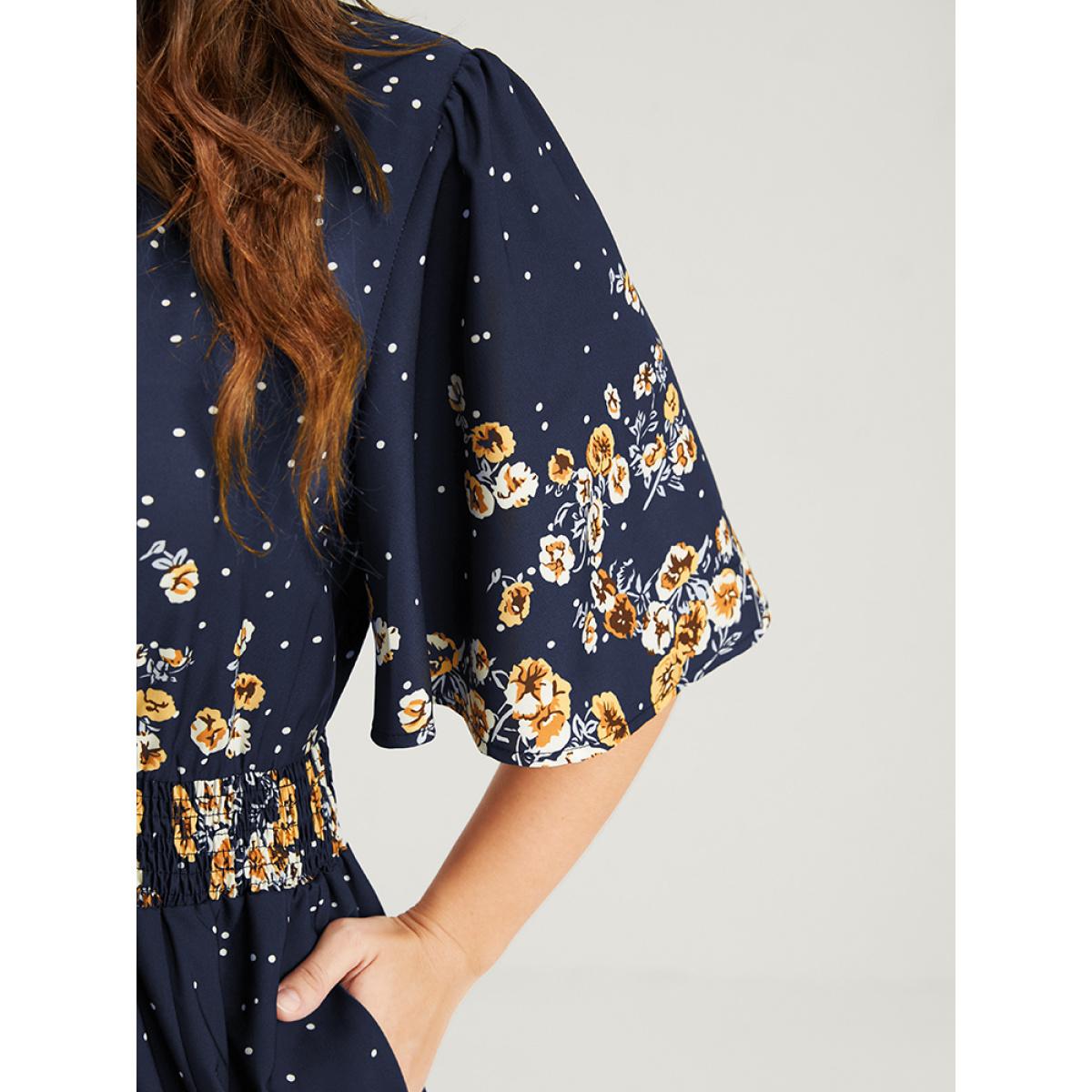Plus Size Floral Pocket Split Hem Flutter Shirred Maxi Dress Navy Women Casual Printed V-neck Half Sleeve Curvy Midi Dress BloomChic 10/M Product Image