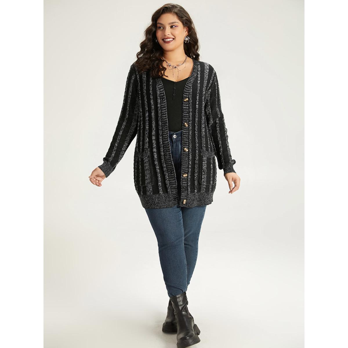 Plus Size Halloween Striped Patched Pocket Button Up Cardigan Black Women Casual Loose Long Sleeve Festival-Halloween Cardigans BloomChic 12/L Product Image