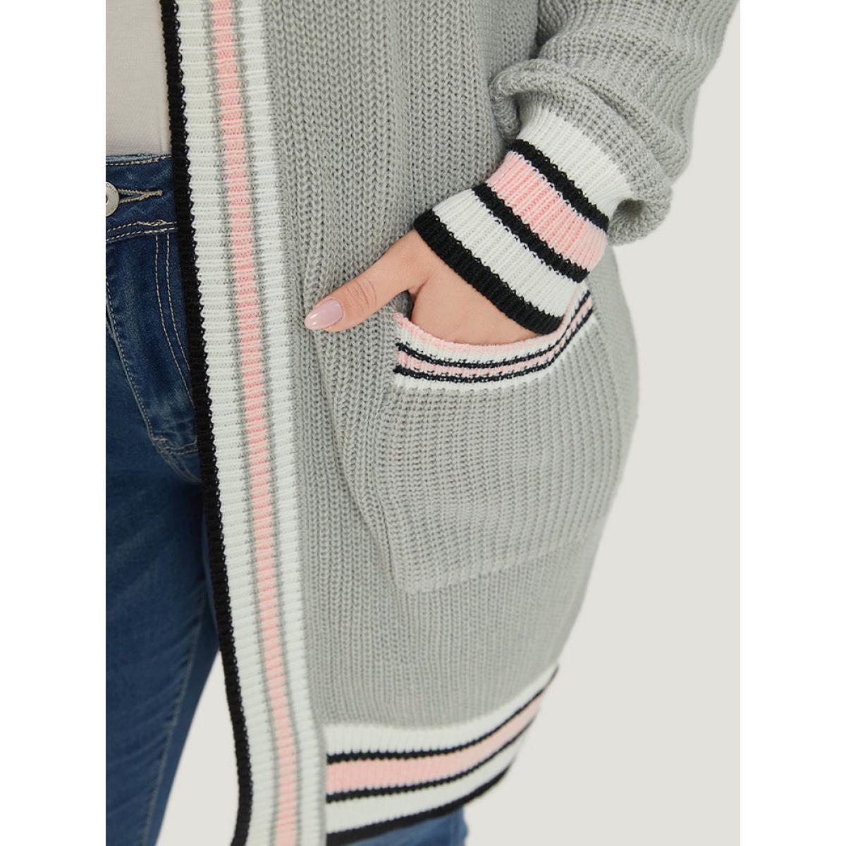Plus Size Striped Contrast Drop Shoulder Elastic Cuffs Cardigan LightGray Women Casual Loose Long Sleeve Dailywear Cardigans BloomChic 12/L Product Image