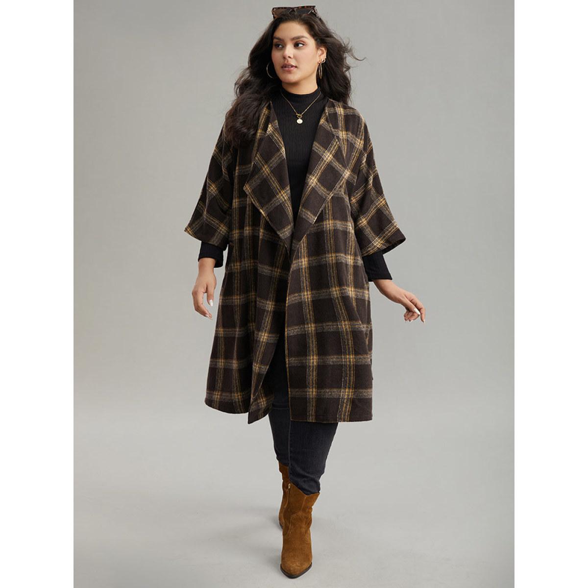 Plus Size Plaid Asymmetrical Neck Dolman Sleeve Belted Coat Women DarkBrown Elegant Belted Ladies Dailywear Winter Coats BloomChic 10/M Product Image