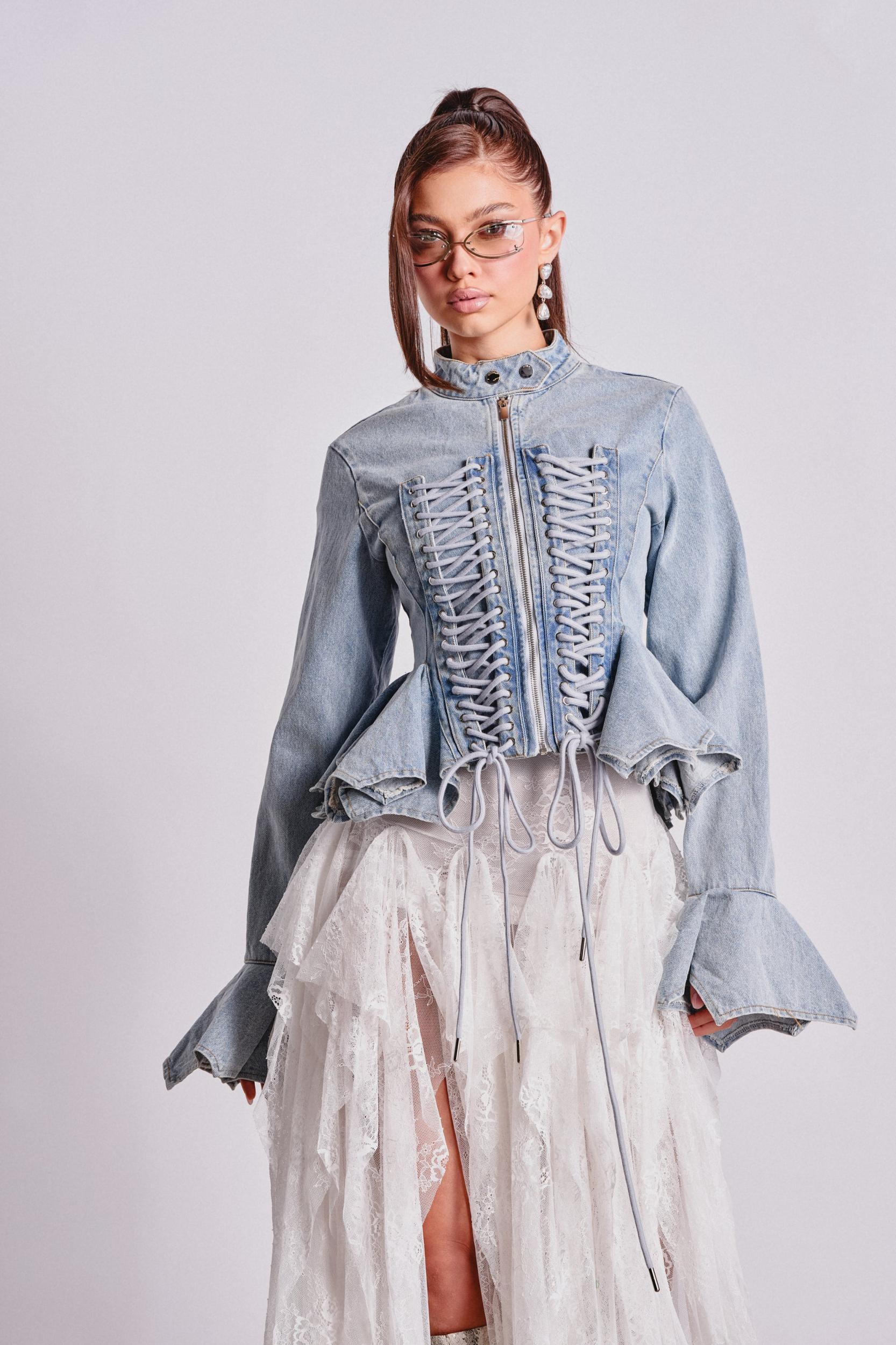 DOUBLE DARE YOU PEPLUM DENIM JACKET Product Image