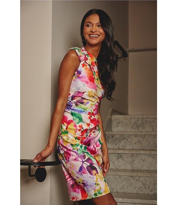 Adrianna Papell Petite Size Scuba Floral Print One Shoulder Neck Sleeveless Sheath Midi Dress Product Image