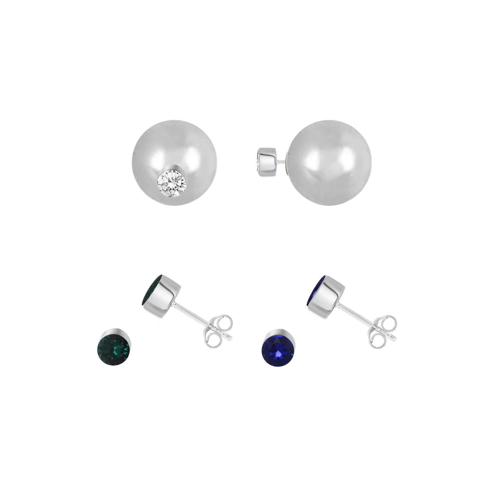 Royal Aura Silver Tone Sphere & Colored Crystal Stud Earring Trio Set, Women's, Silver Tone Team Product Image