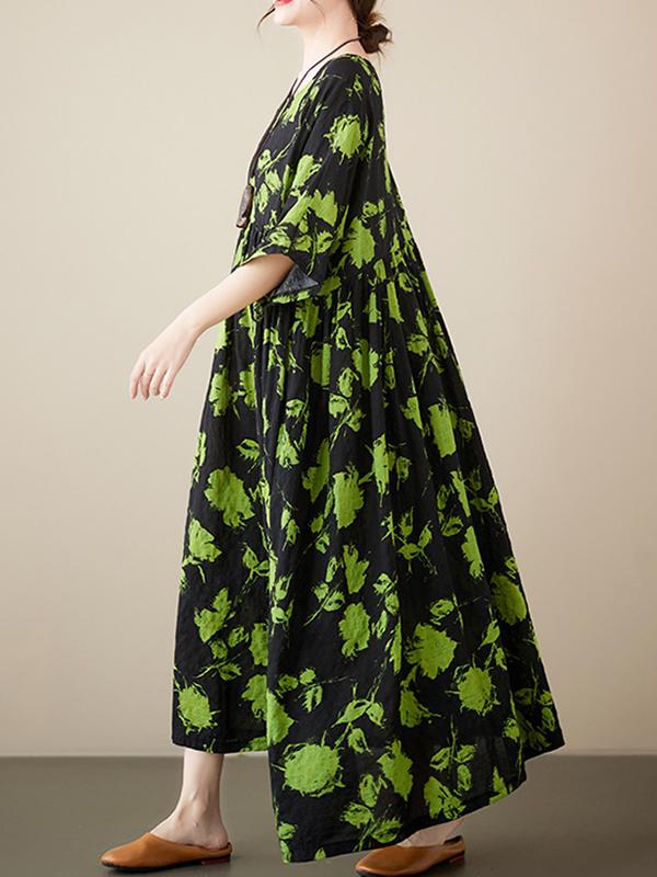 Loose Floral Pleated Round-Neck Midi Dresses Product Image