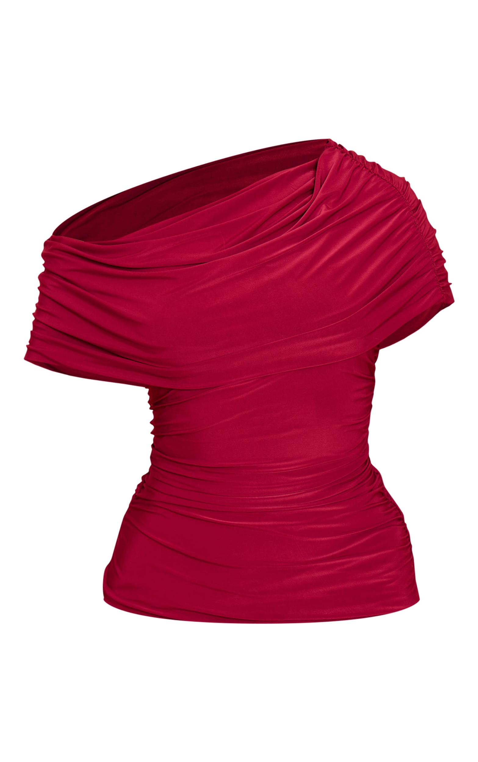 Deep Red Double Layer Slinky Ruched Bardot Long Top Product Image