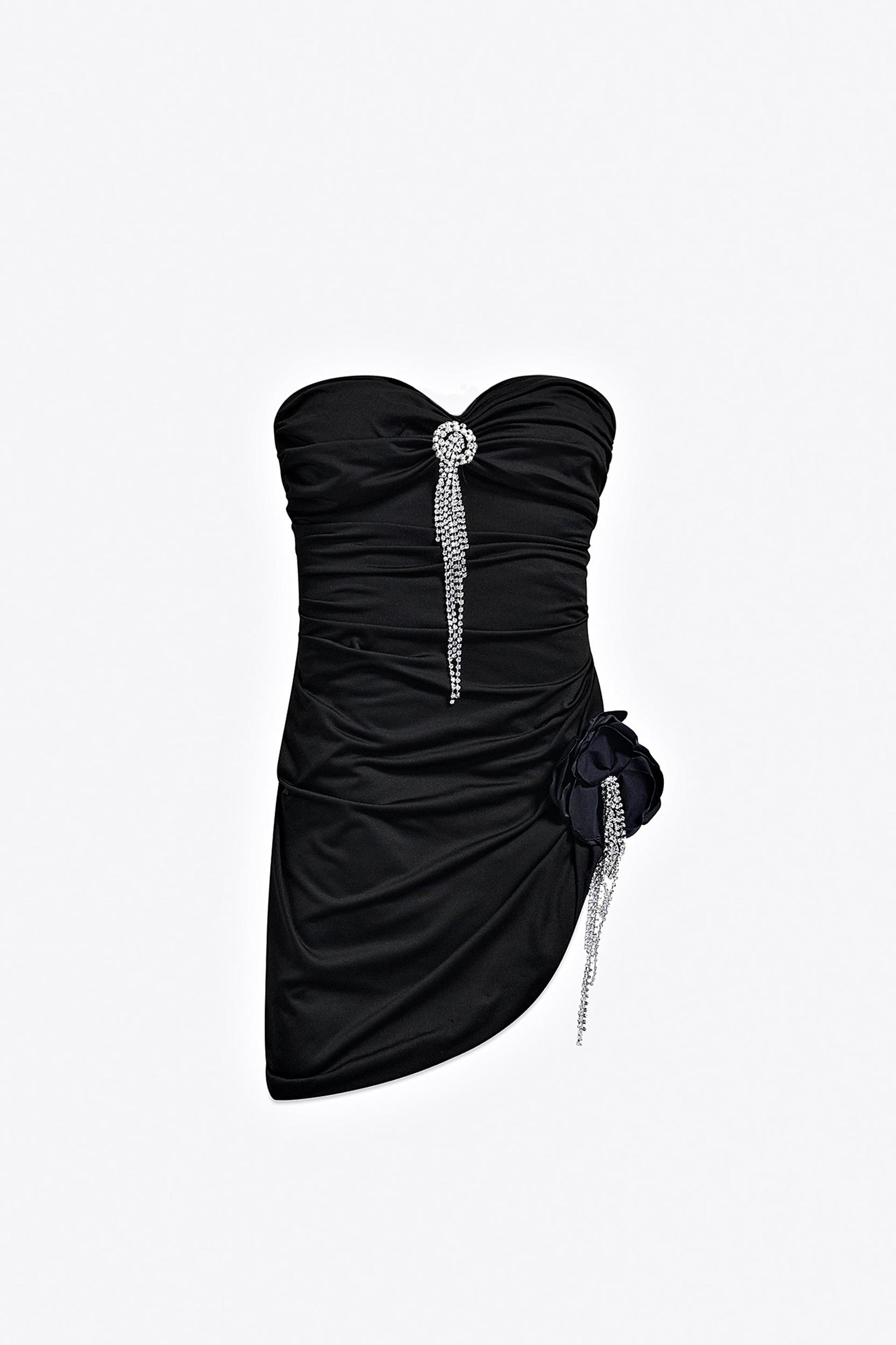 Crystal Flower Draped Strapless Mini Dress Product Image