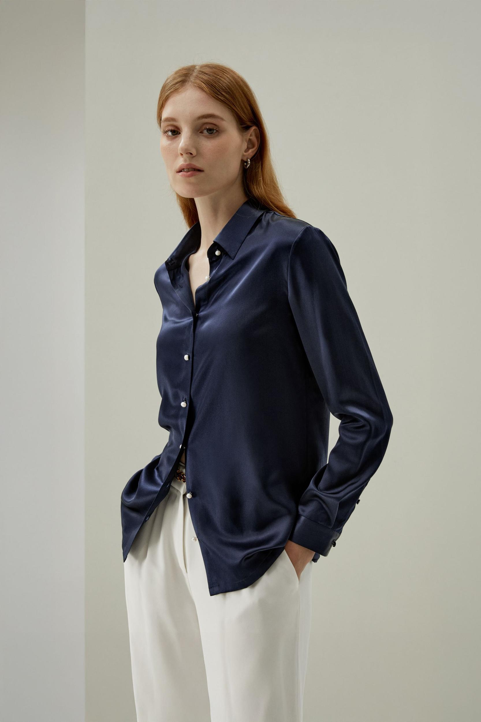 Classic Pearl Button Silk Shirt Product Image