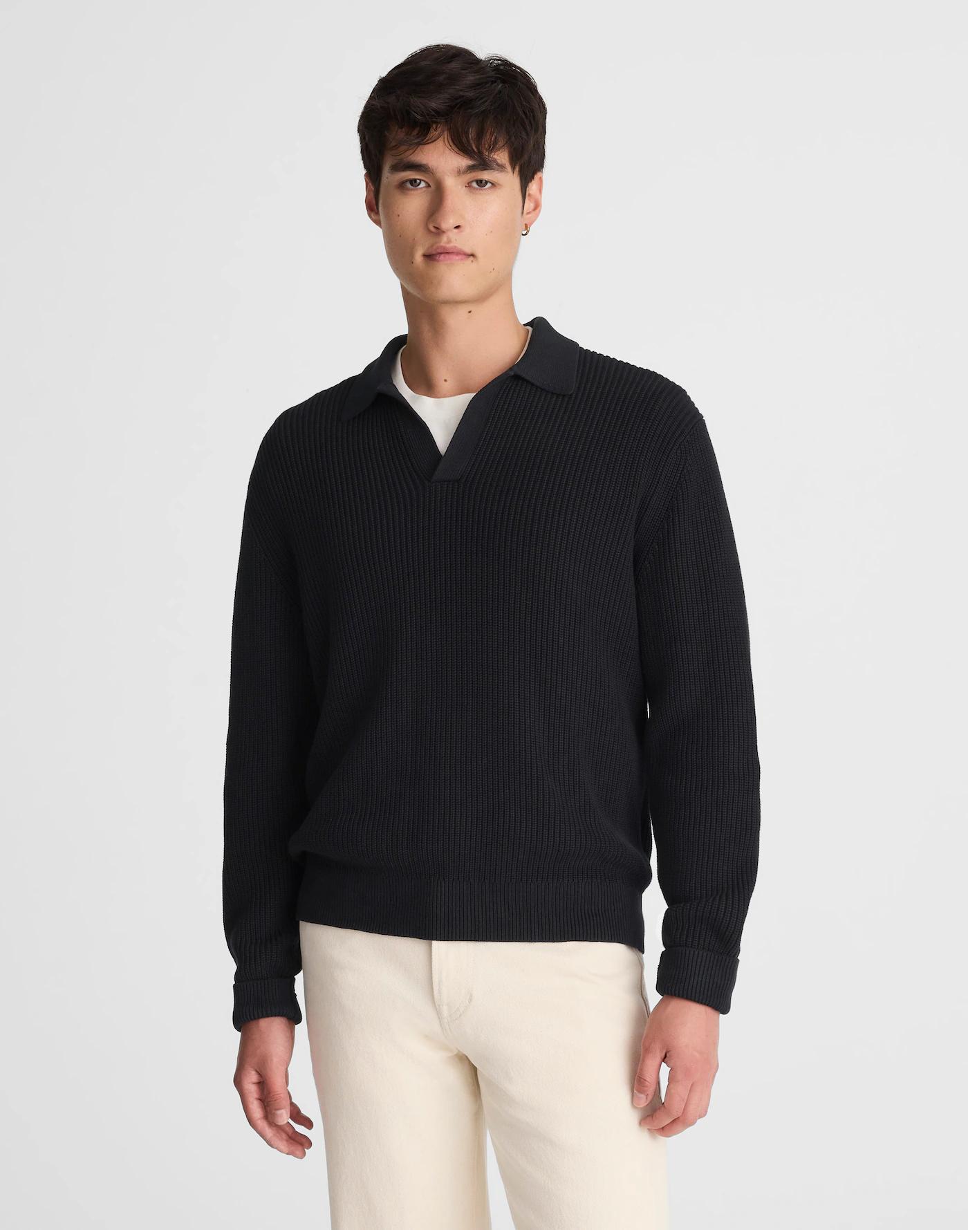 Cotton Shaker-Stitch Johnny-Collar Sweater Polo Product Image