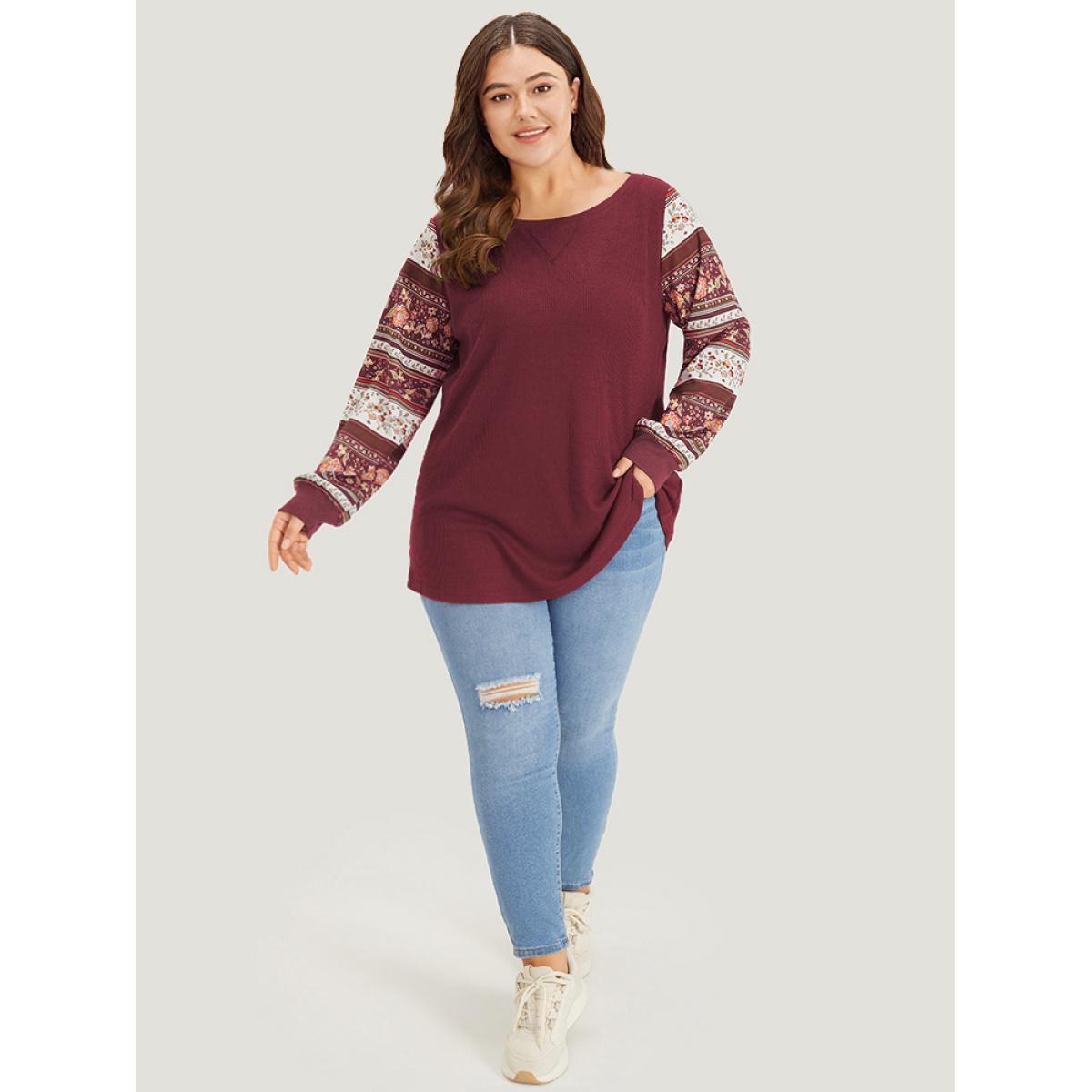 Plus Size Boho Print Patchwork Crew Neck Sweatshirt Women Scarlet Casual Elastic cuffs Round Neck Everyday Sweatshirts BloomChic 22-24/3X Product Image
