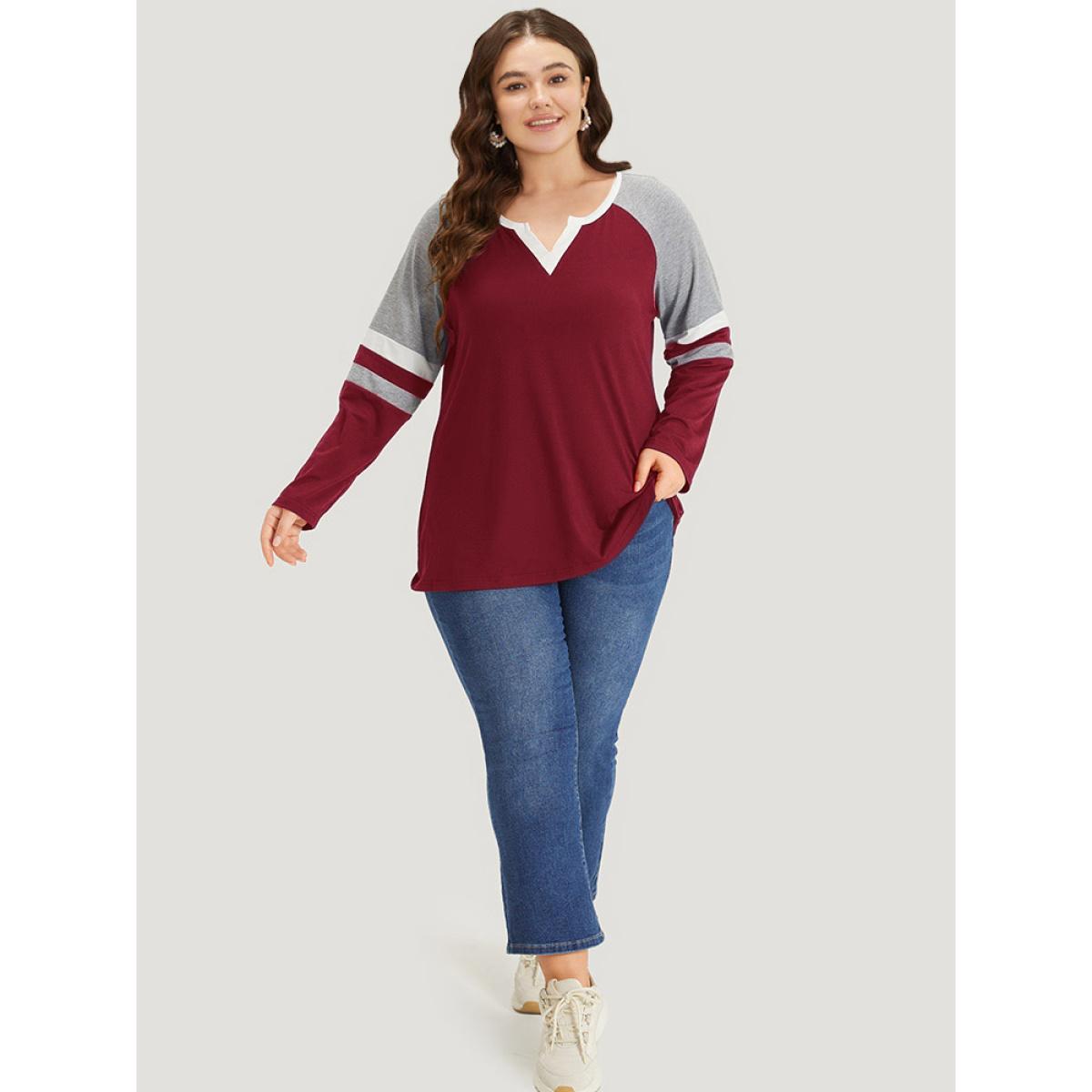 Plus Size Colorblock Contrast Notched Patchwork Raglan Sleeve T-shirt Scarlet Women Casual Contrast Striped Notched collar Dailywear T-shirts BloomChic 22-24/3X Product Image