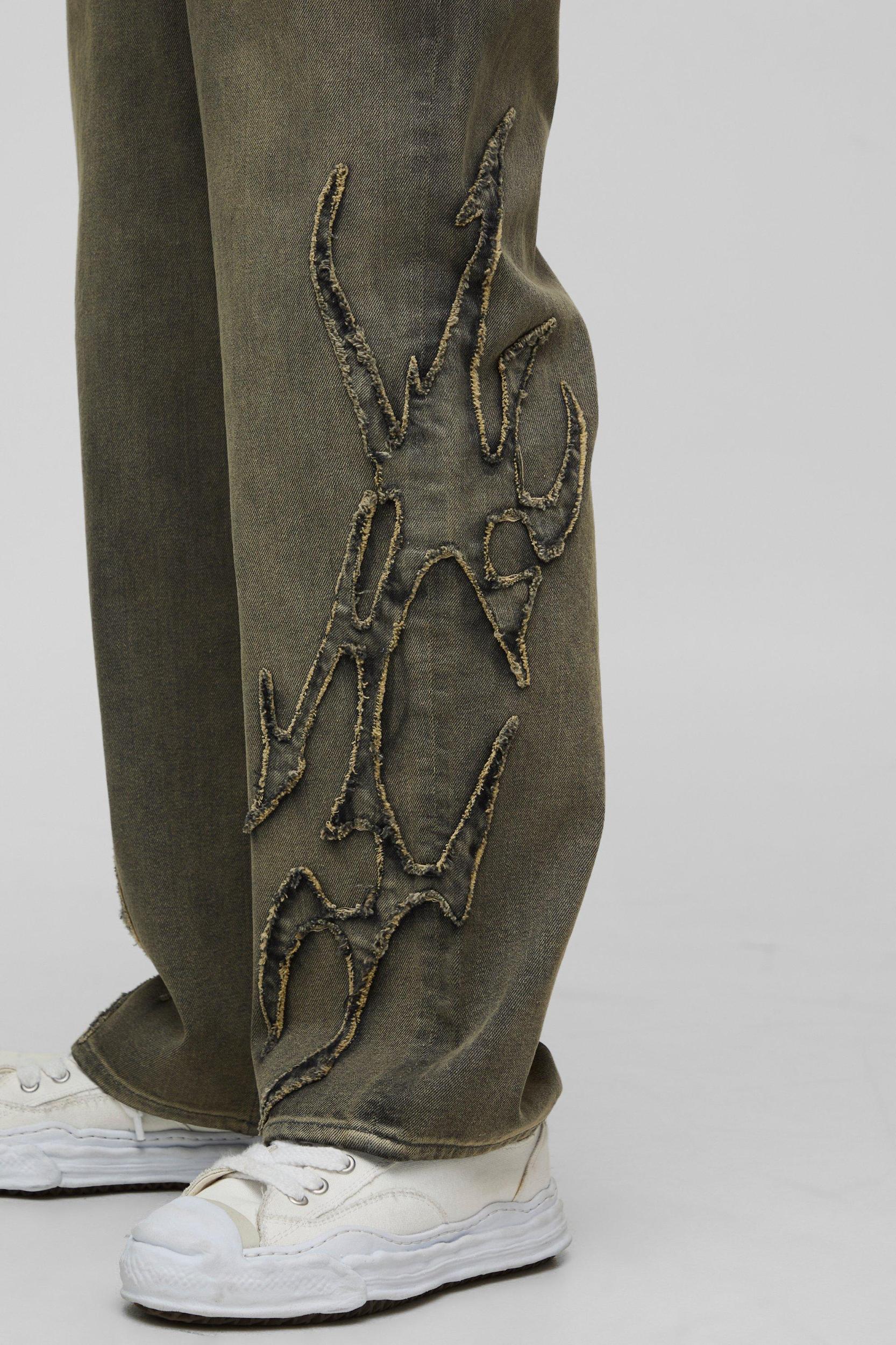 Relaxed Fit Green Washed Tribal Applique Jeans | boohooMAN USA Product Image