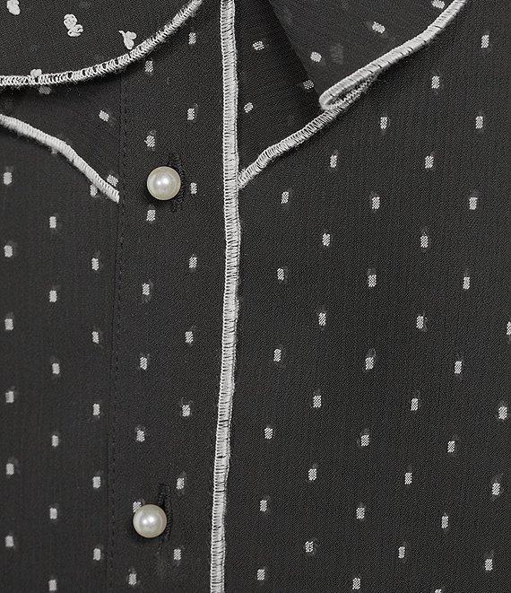 KARL LAGERFELD PARIS Woven Polka Dot Print V-Neck Long Sleeve Ruffle Front Blouse Product Image