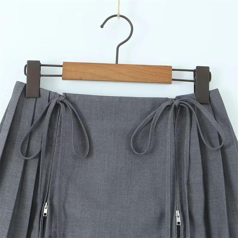 Low Waist Plain Pleated Drawstring Mini A-Line Skirt Product Image