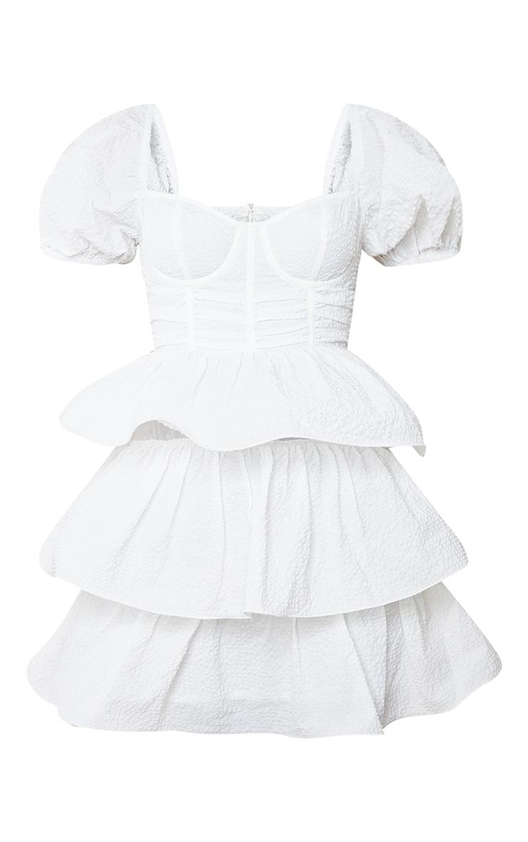 White Crinkle Cup Detail Tiered Skirt Skater Dress Product Image