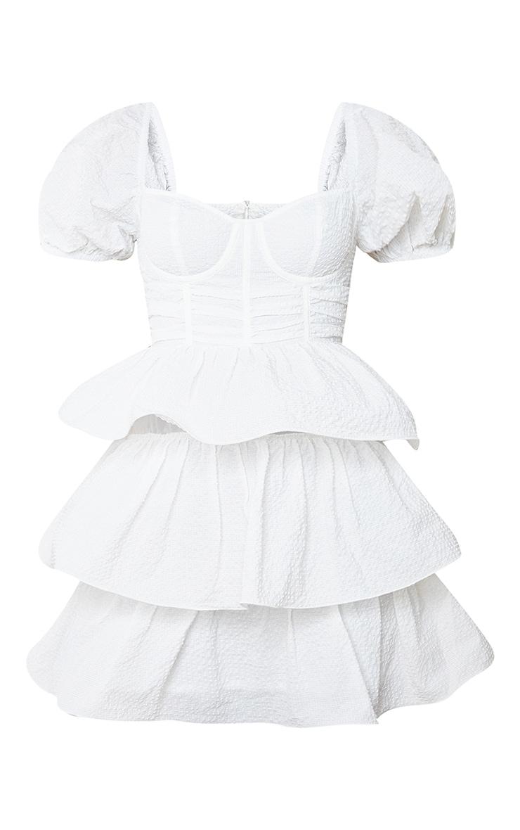 White Crinkle Cup Detail Tiered Skirt Skater Dress Product Image