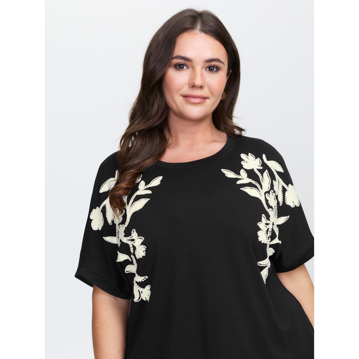 Plus Size Supersoft Floral Embroidered Round Neck T-Shirt Black Women Timeless Round Neck Elegant T-shirts BloomChic 28/5X Product Image