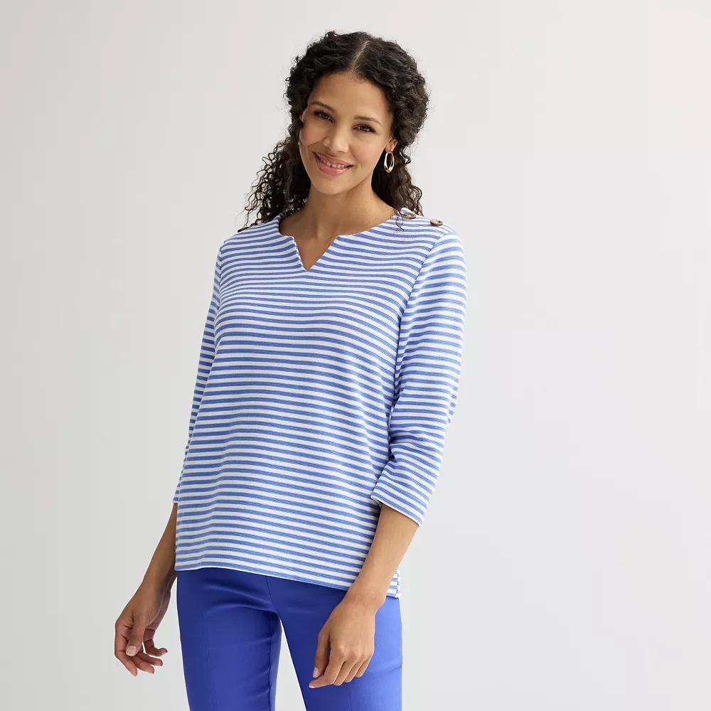 Women's Croft & Barrow® Button Shoulder Split Neck Top, Size: Large, Blue Stripe Product Image