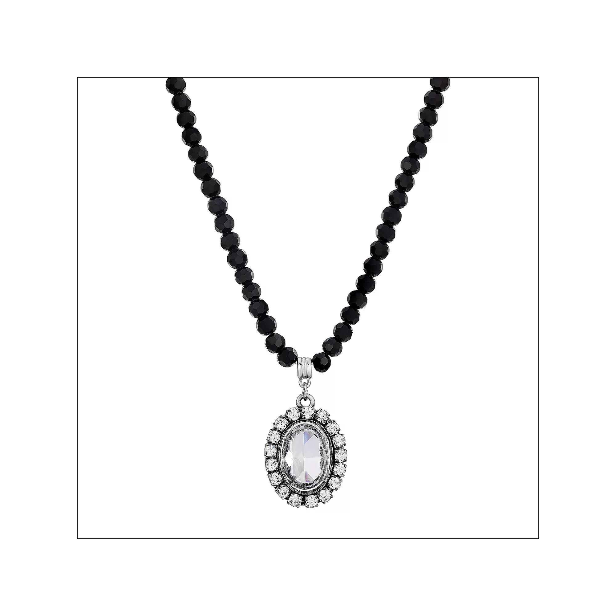 1928 Silver Tone Crystal Black Beaded Necklace, Womens Product Image